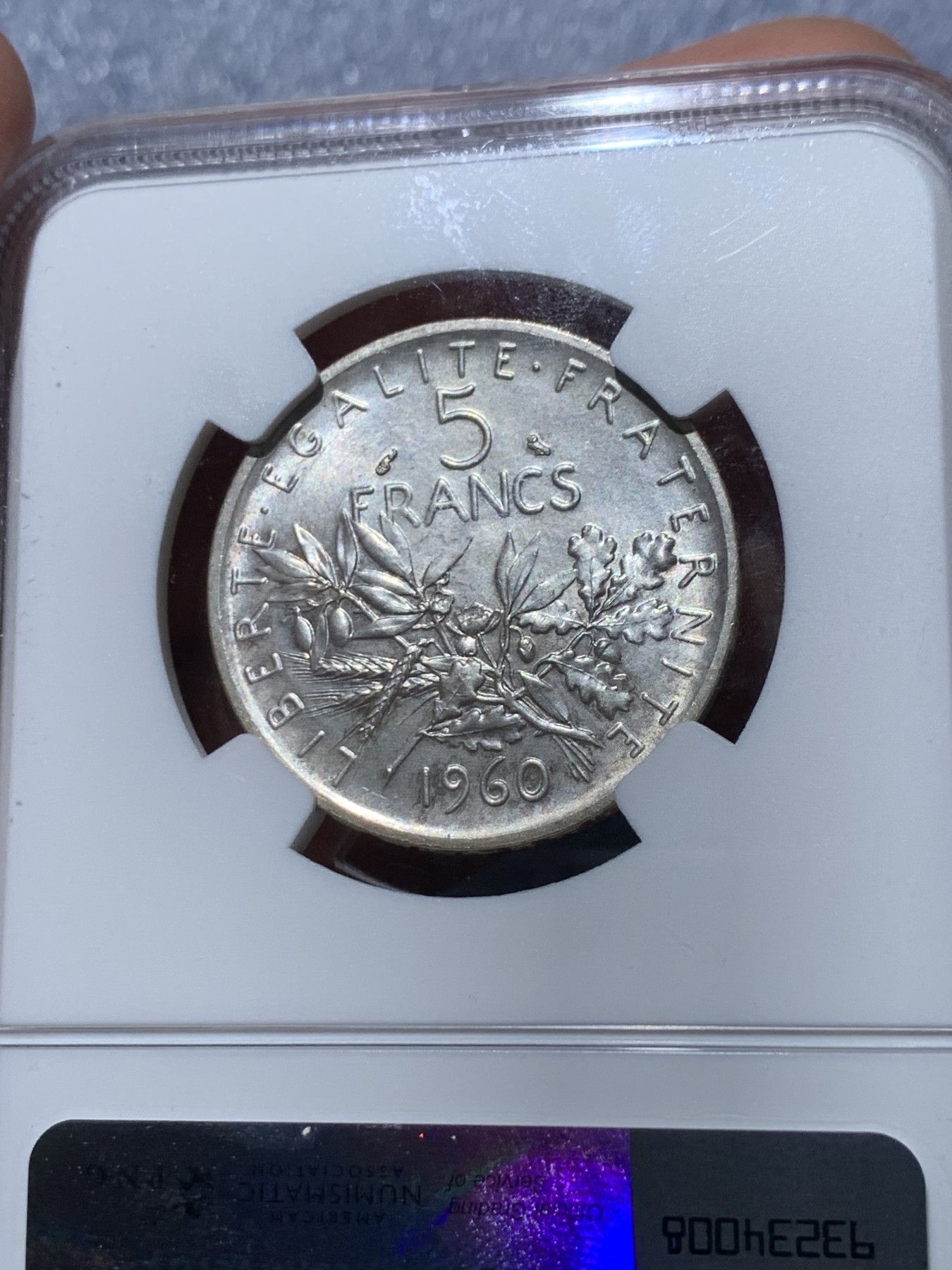 《竞宝斋》第245场-周日，周一 ，周二3场连拍 (全场包邮) NGC MS65 1960年法国播种女神5法郎银币 高浮雕 罗蒂的经典设计在近代法国币上重现的首年