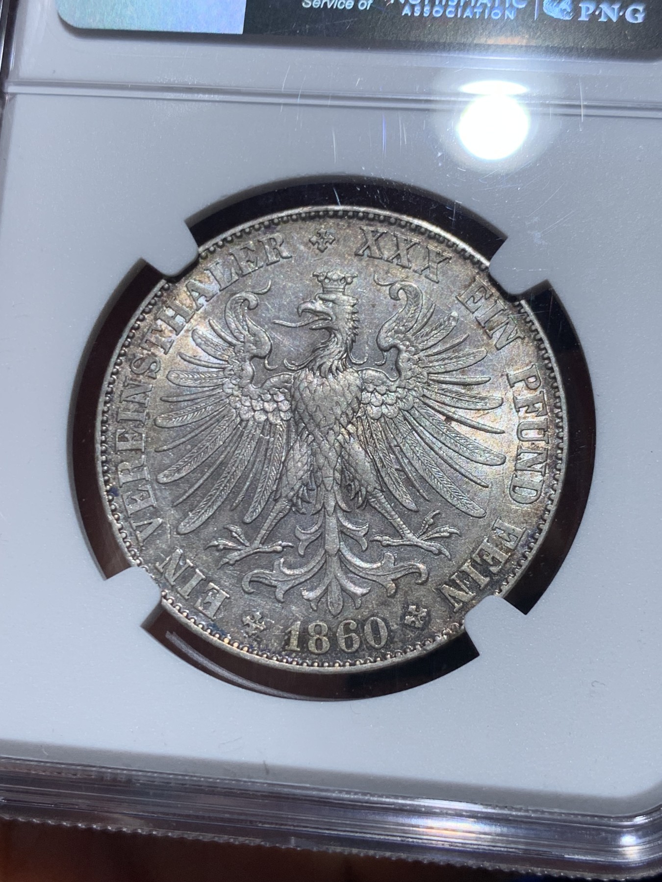 《竞宝斋》第245场-周日，周一 ，周二3场连拍 (全场包邮) NGC AU55 德国1860法兰克福少女泰勒银币 底板光度好