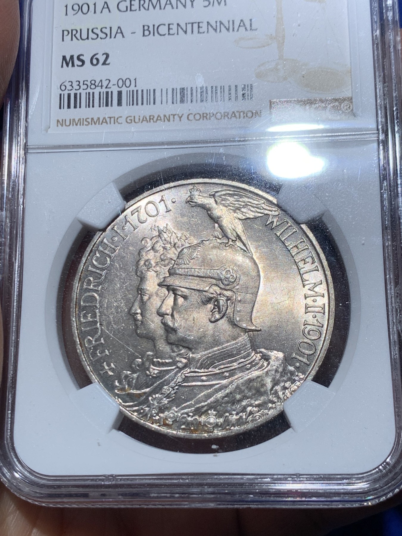 《竞宝斋》第245场-周日，周一 ，周二3场连拍 (全场包邮) NGC-MS62 德国普鲁士 1901年 5马克 建国200周年 银币