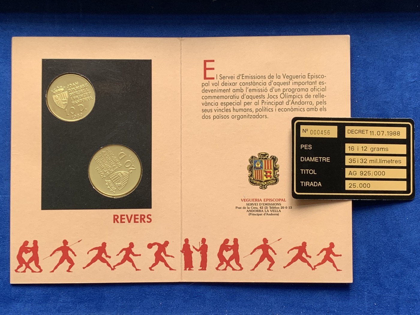 《竞宝斋》第245场-周日，周一 ，周二3场连拍 (全场包邮) 安道尔 1989年卡装第25届巴塞罗那奥运会10、20第纳尔纪念银币 两枚合计28克，含银92.5% 保存很好，有带编号原包证书。