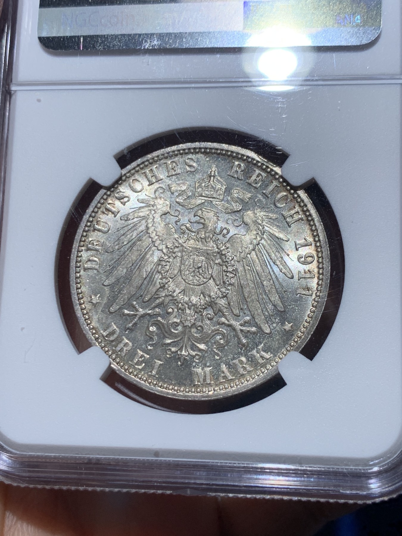 《竞宝斋》第245场-周日，周一 ，周二3场连拍 (全场包邮) NGC MS63 德国1911巴伐利亚3马克银币