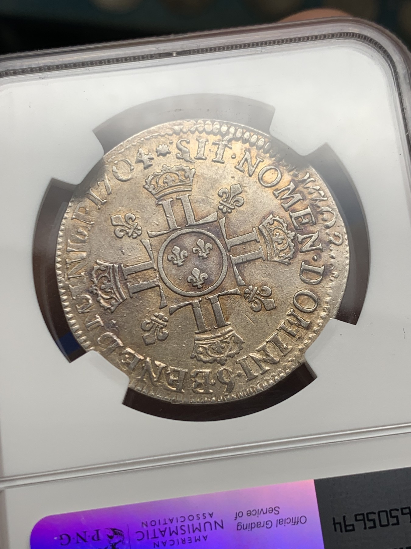 《竞宝斋》第245场-周日，周一 ，周二3场连拍 (全场包邮) 亚军分 NGC AU55 法国 1704(9) 路易十四 太阳王 半埃居银币 淡彩包浆全深打