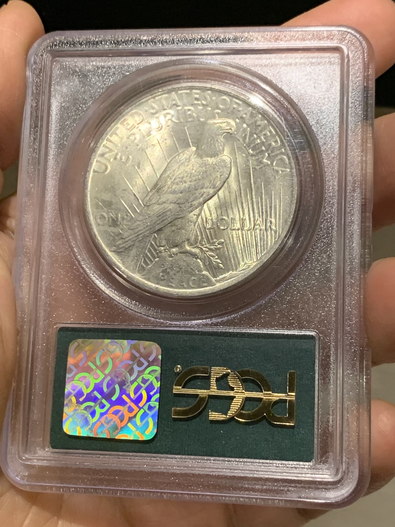 《竞宝斋》第245场-周日，周一 ，周二3场连拍 (全场包邮) PCGS-MS63 美国1923和平1元银币 90-93年老绿盒  严评 30多年的老盒本身也是收藏品