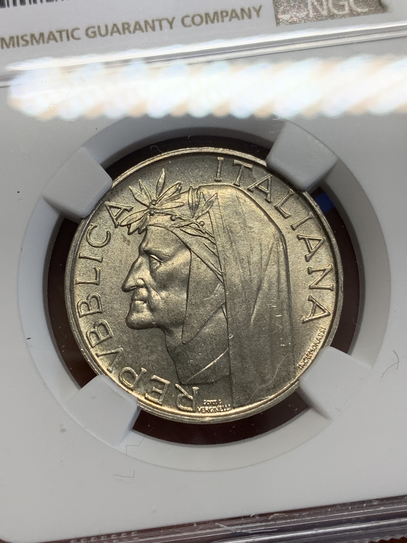 《竞宝斋》第245场-周日，周一 ，周二3场连拍 (全场包邮) NGC MS65 意大利1965年但丁500里拉银币 少见品