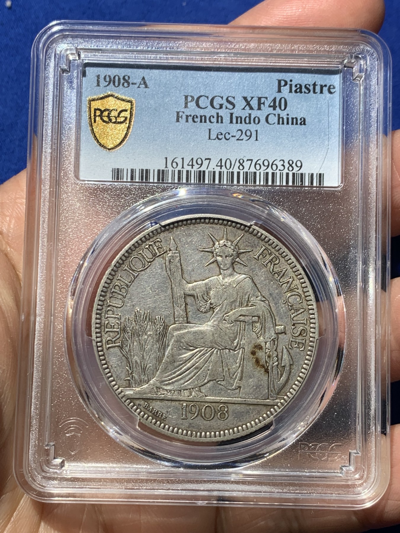 《竞宝斋》第245场-周日，周一 ，周二3场连拍 (全场包邮) PCGS-XF40 坐人坐洋 法国贸易银元皮亚斯特  1908年