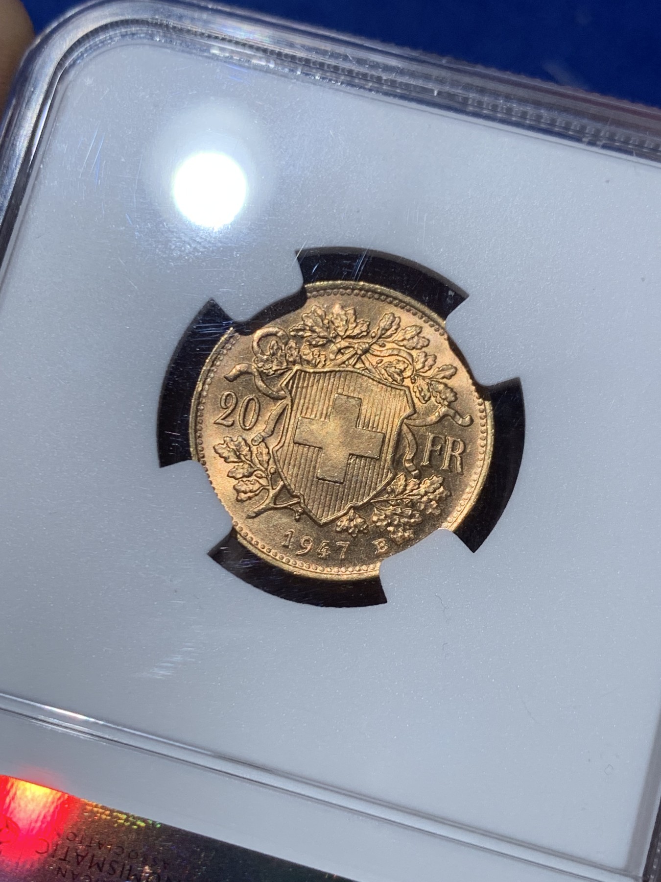 《竞宝斋》第245场-周日，周一 ，周二3场连拍 (全场包邮) NGC-MS65 瑞士1947年女神20法郎金币 6.45克 不大多见的头像 含金量90% 高分好品