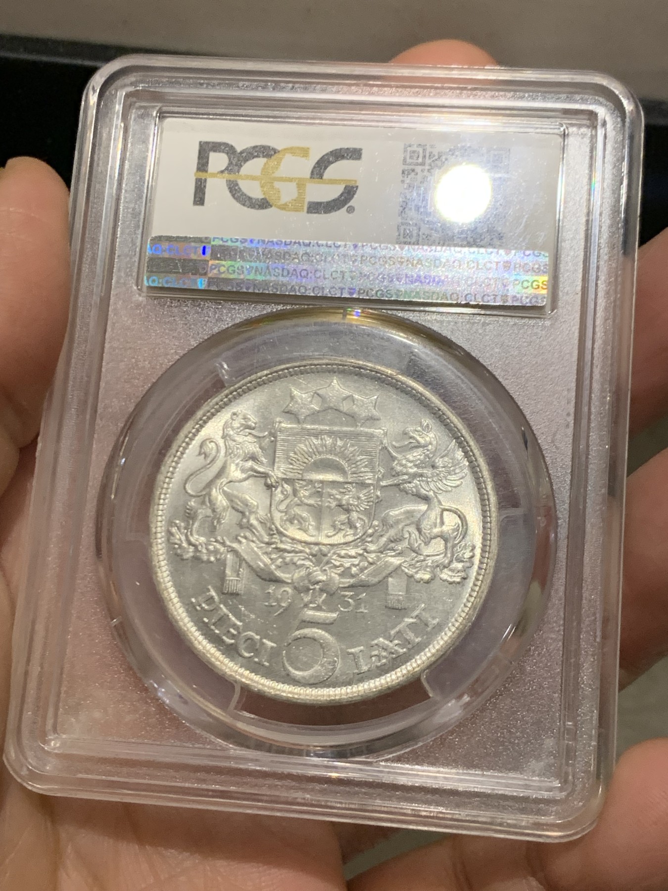 《竞宝斋》第245场-周日，周一 ，周二3场连拍 (全场包邮) PCGS MS64 拉脱维亚 1931年 谷物女神 5拉特大银币 上64分的极少 车轮光