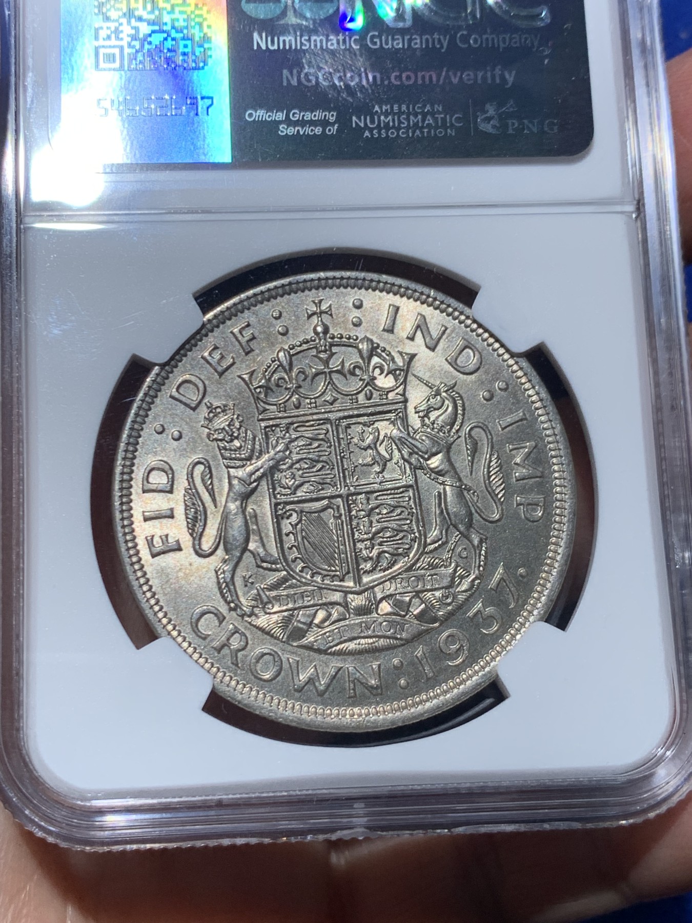 《竞宝斋》第245场-周日，周一 ，周二3场连拍 (全场包邮) NGC-MS63 英国1937年乔治六世登基1克朗纪念银币，车轮转光。