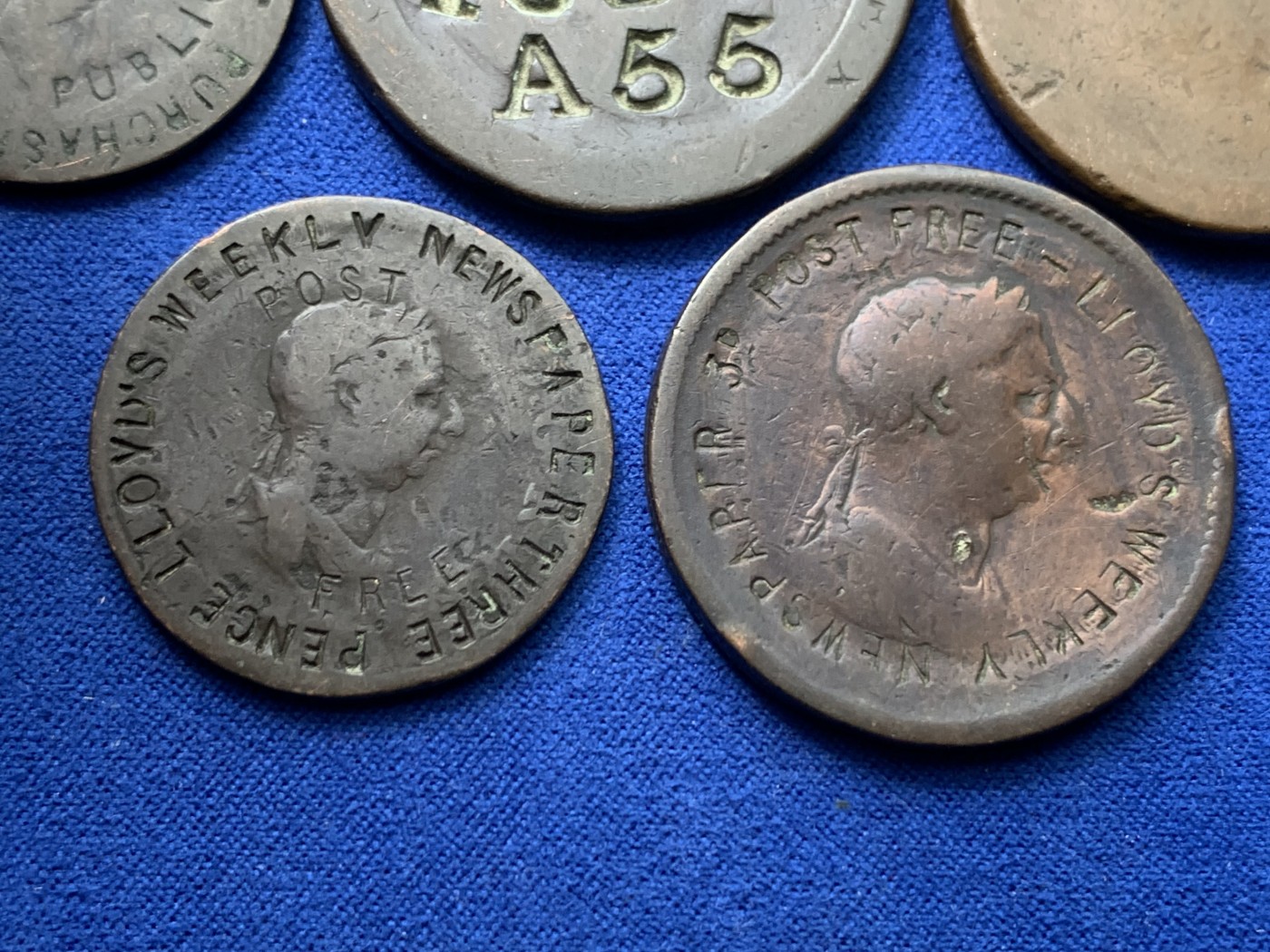 《竞宝斋》第245场-周日，周一 ，周二3场连拍 (全场包邮) 5枚一组 英国18-19世纪加盖代用币，都加盖在乔三1便士和半便士上（其中两枚币胚为车轮1便士），历史的见证，很有趣的一组