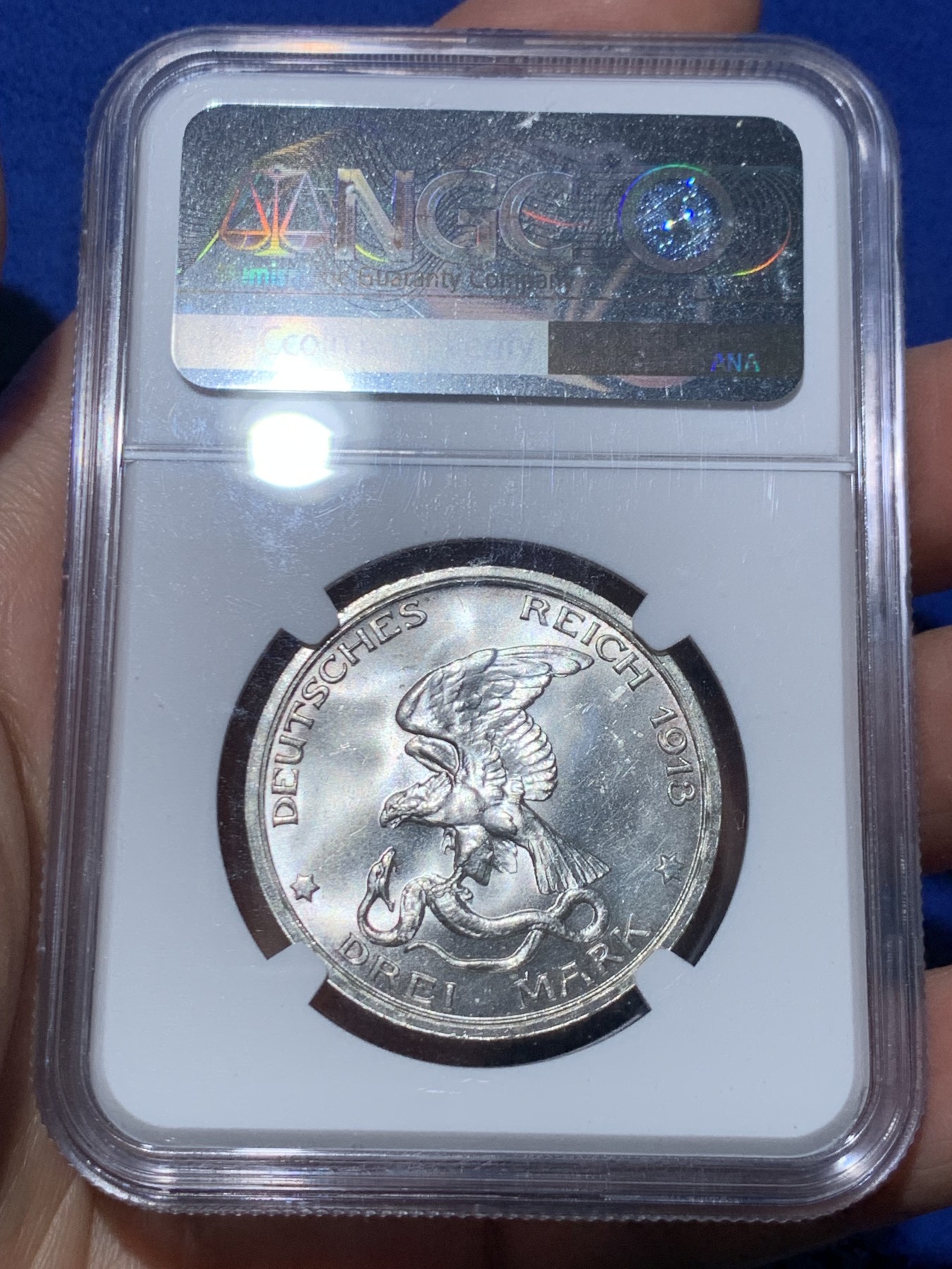 《竞宝斋》第245场-周日，周一 ，周二3场连拍 (全场包邮) NGC-MS64 德国普鲁士 1913年 3马克 普鲁士战胜拿破仑纪念 银币