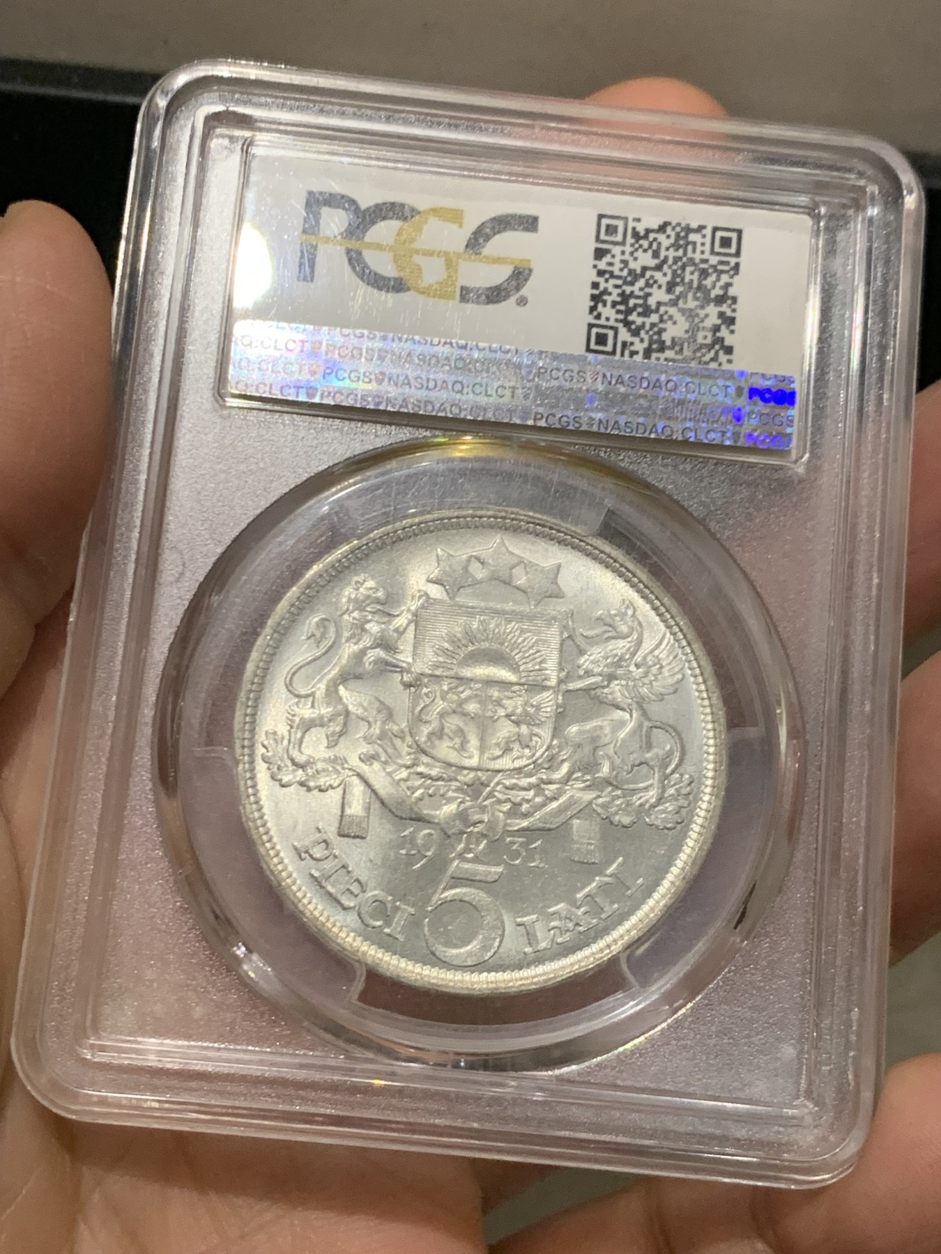 《竞宝斋》第245场-周日，周一 ，周二3场连拍 (全场包邮) PCGS MS64 拉脱维亚 1931年 谷物女神 5拉特大银币 上64分的极少 车轮光