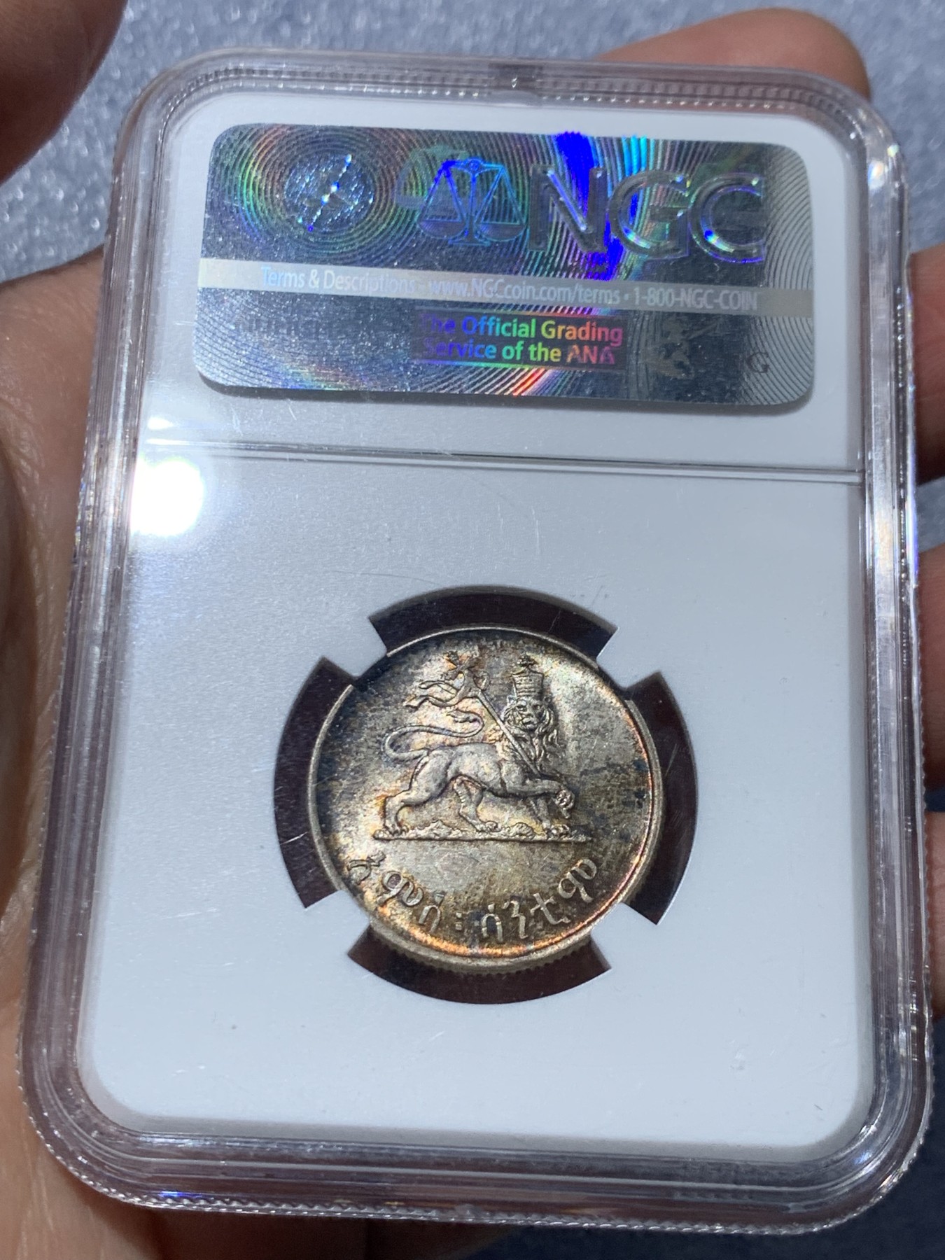 《竞宝斋》第245场-周日，周一 ，周二3场连拍 (全场包邮) NGC MS64 埃塞俄比亚EE1936（1944）50分银币 深彩包浆