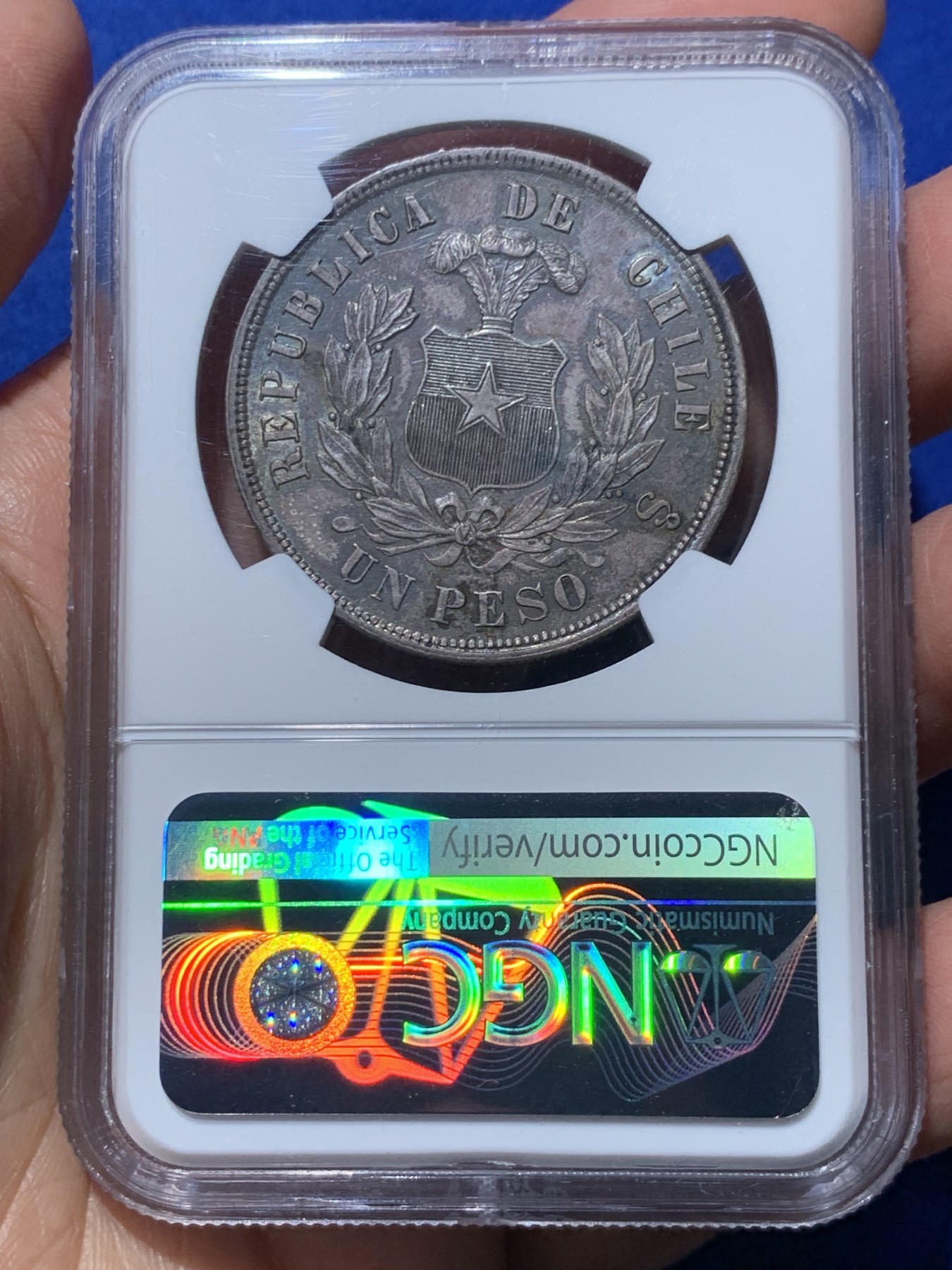 《竞宝斋》第245场-周日，周一 ，周二3场连拍 (全场包邮) NGC-MS62 智利 1883年 安第斯神 1比索 银币 中南美洲逐渐升温品种 酱紫色包浆 味道很好 低评