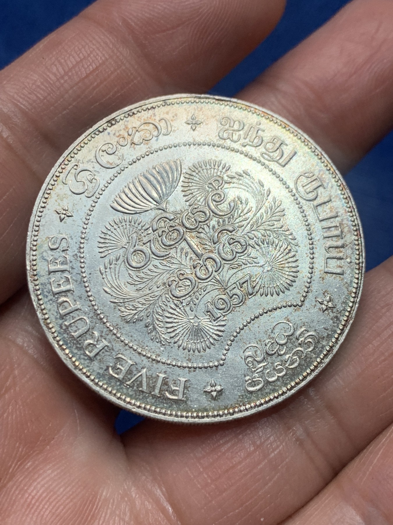 《竞宝斋》第245场-周日，周一 ，周二3场连拍 (全场包邮) 英属锡兰1957年佛教2500年5卢比银币 UNC 品相极佳