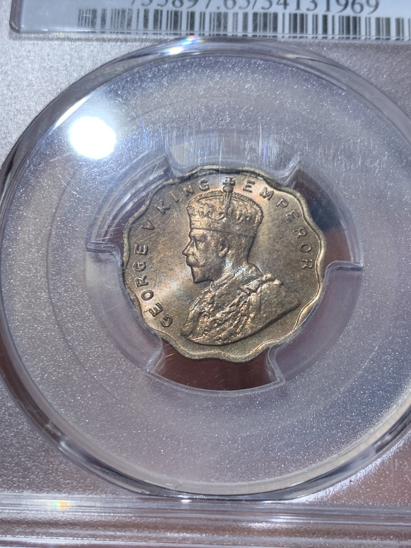 《竞宝斋》第245场-周日，周一 ，周二3场连拍 (全场包邮) PCGS-MS65 英属印度 1936年（B） 1安娜 乔治五世 全新原光币面淡彩