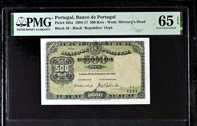 【Blue Auction】✨世界纸币精拍第443期【精】 -  【亚军分】葡萄牙 早期 1904-17年500瑞斯 PMG65EPQ 雅典娜 绝品少见 