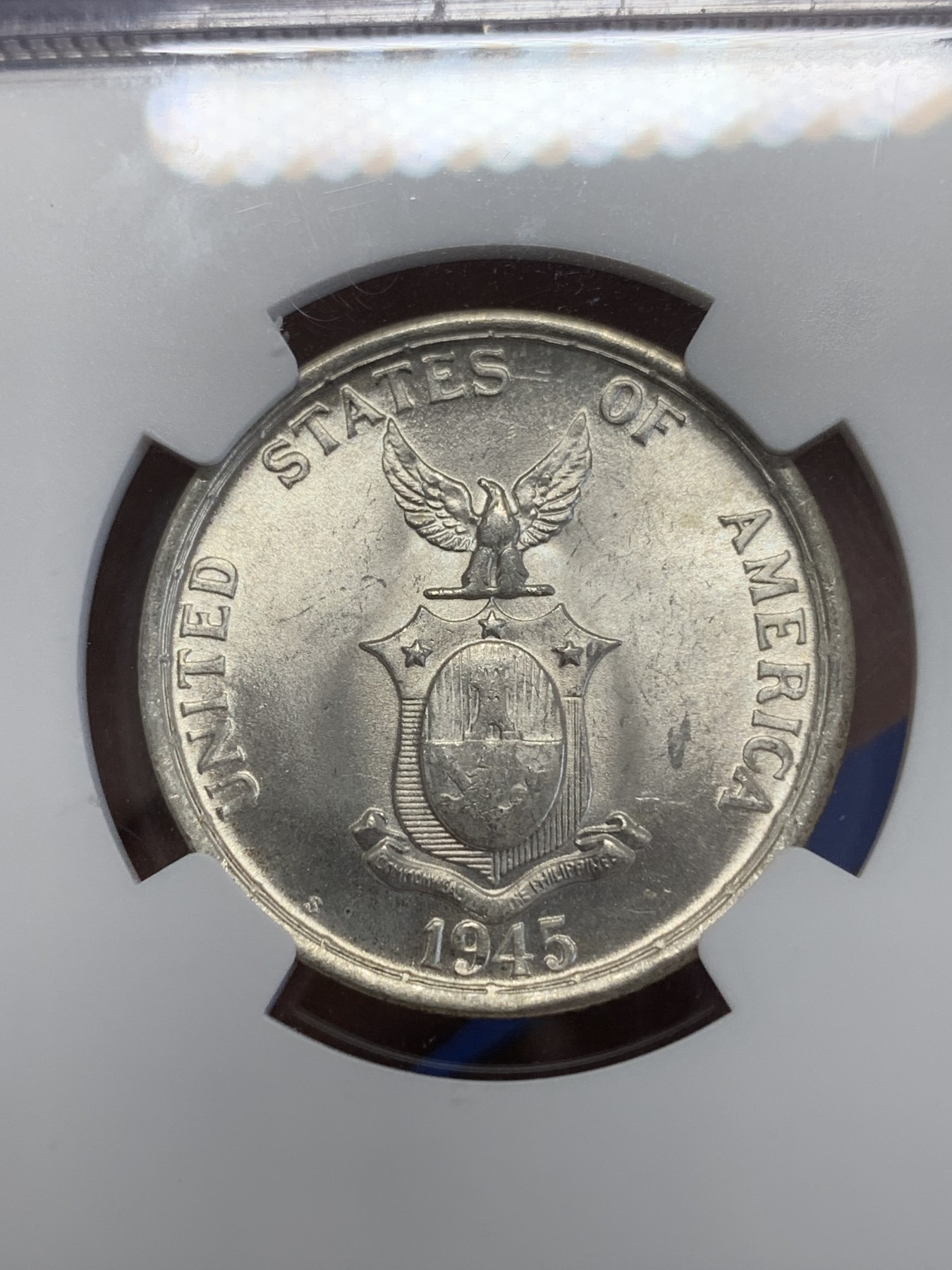 《竞宝斋》第245场-周日，周一 ，周二3场连拍 (全场包邮) NGC MS63 1945年菲律宾火山飞鹰50分银币 卷拆原光 状态一流