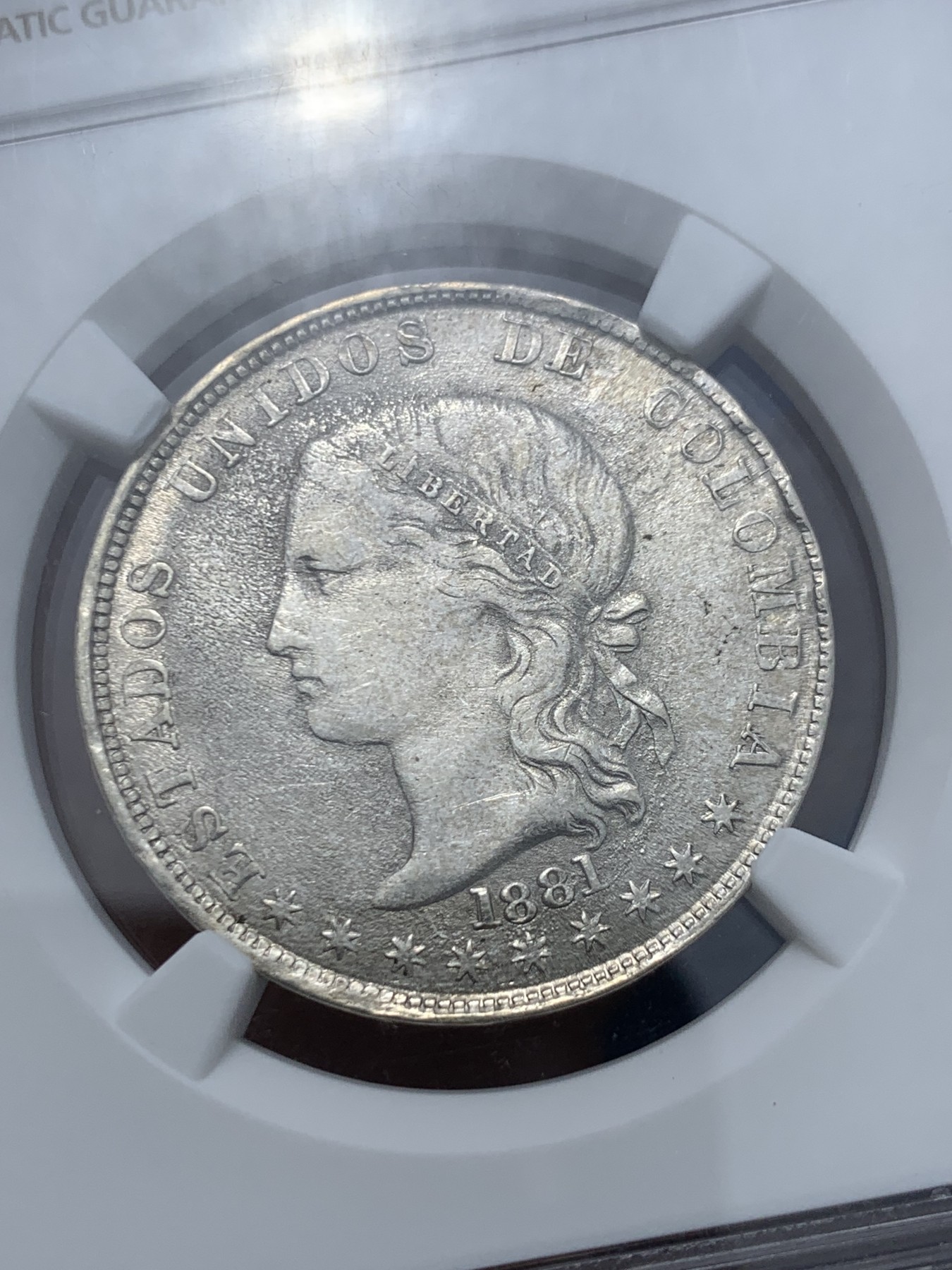 《竞宝斋》第245场-周日，周一 ，周二3场连拍 (全场包邮) NGC-MS62 唯一亚军分 1881年哥伦比亚女神5D银币，半圆型，麦德林造币厂，七星版。外拍价高的品种，高分非常稀少，62难得一见。