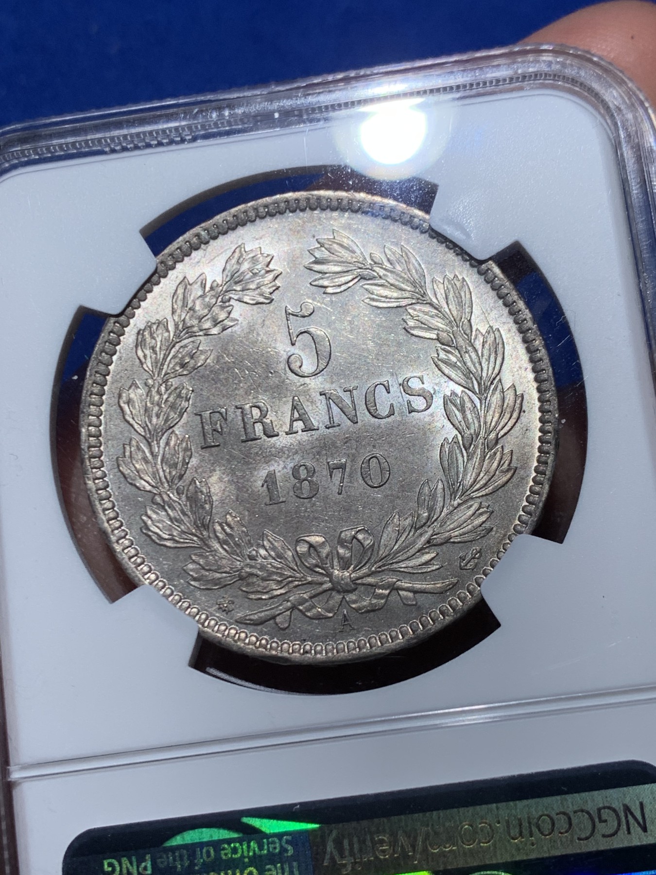 《竞宝斋》第245场-周日，周一 ，周二3场连拍 (全场包邮) NGC AU58 1870年法国谷物女神无箴言版5法郎 铸造量仅64000枚，是法系5法郎里比较难的一个品种了，MS价格起飞，58性价比较高