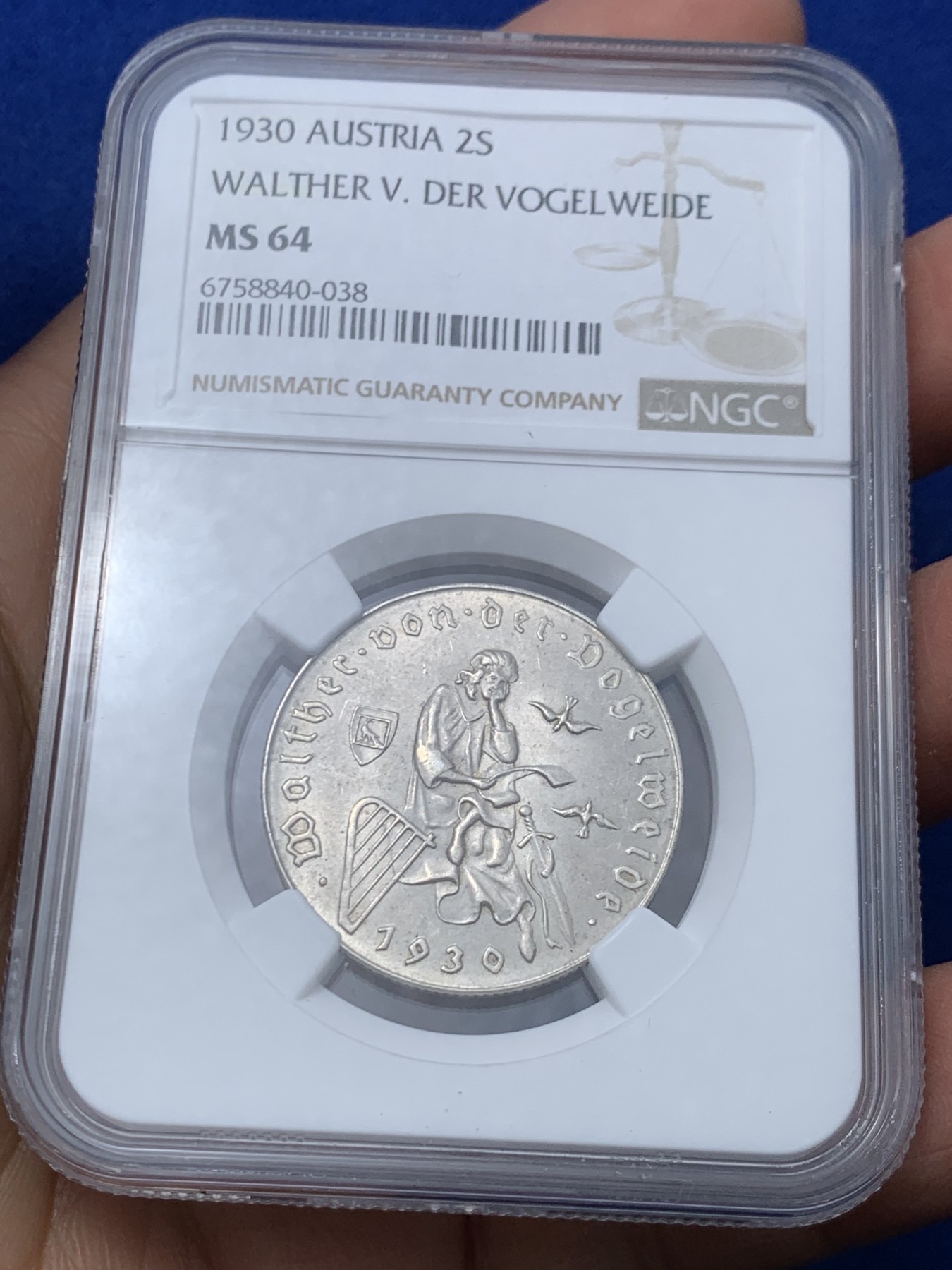 《竞宝斋》第245场-周日，周一 ，周二3场连拍 (全场包邮) NGC MS64 奥地利1930年诗人福格尔逝世700周年2先令银币