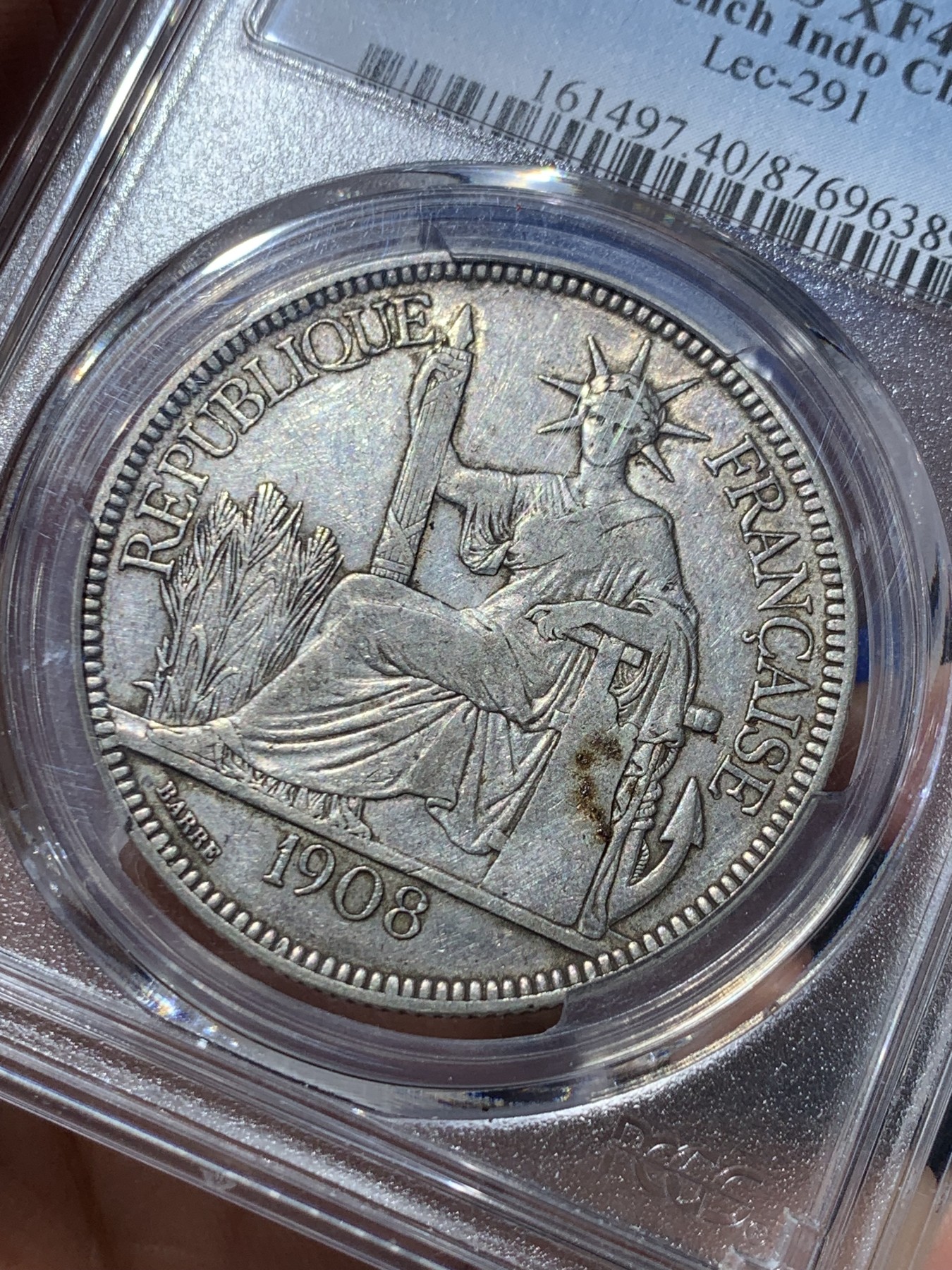 《竞宝斋》第245场-周日，周一 ，周二3场连拍 (全场包邮) PCGS-XF40 坐人坐洋 法国贸易银元皮亚斯特  1908年