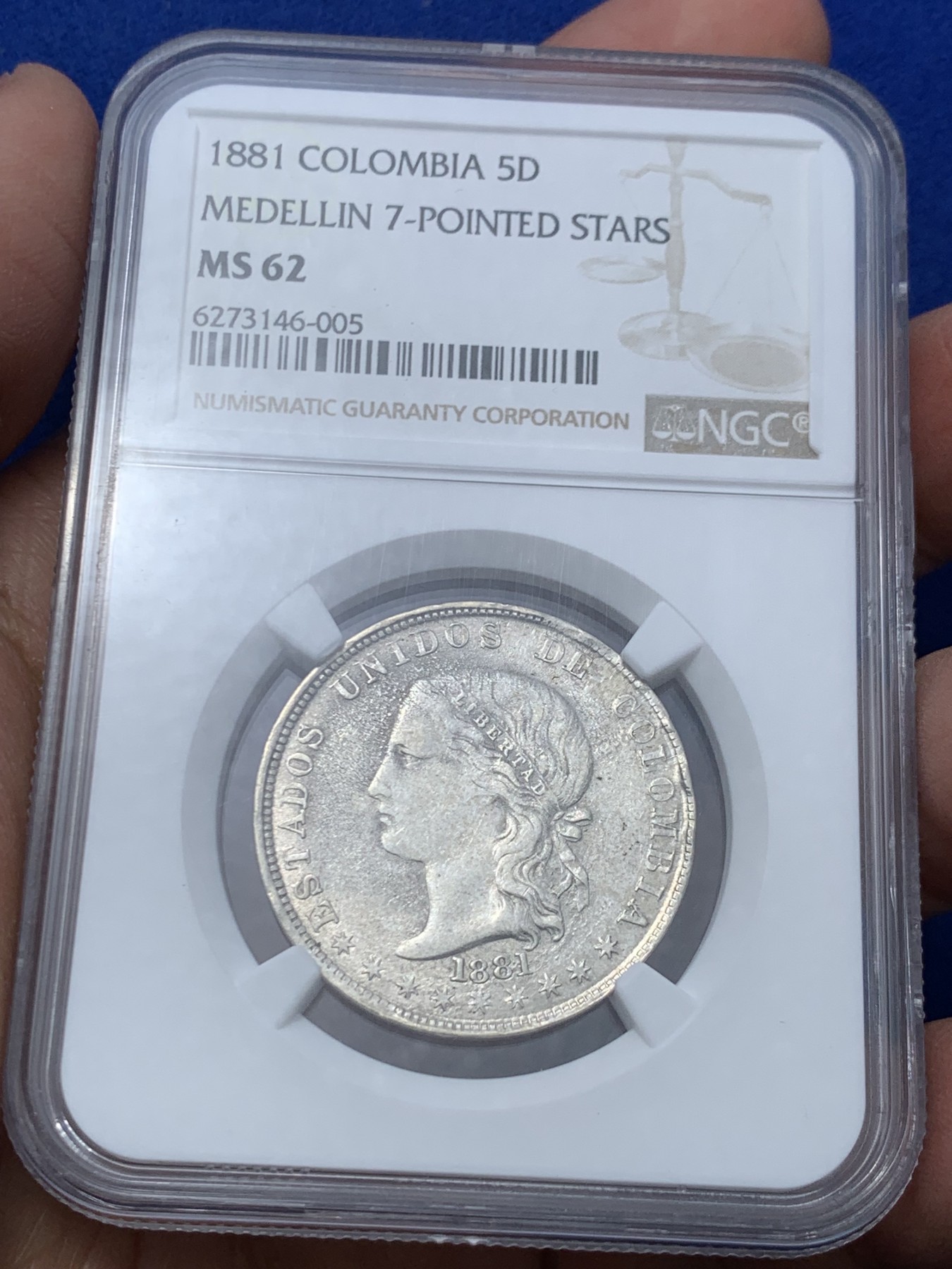 《竞宝斋》第245场-周日，周一 ，周二3场连拍 (全场包邮) NGC-MS62 唯一亚军分 1881年哥伦比亚女神5D银币，半圆型，麦德林造币厂，七星版。外拍价高的品种，高分非常稀少，62难得一见。