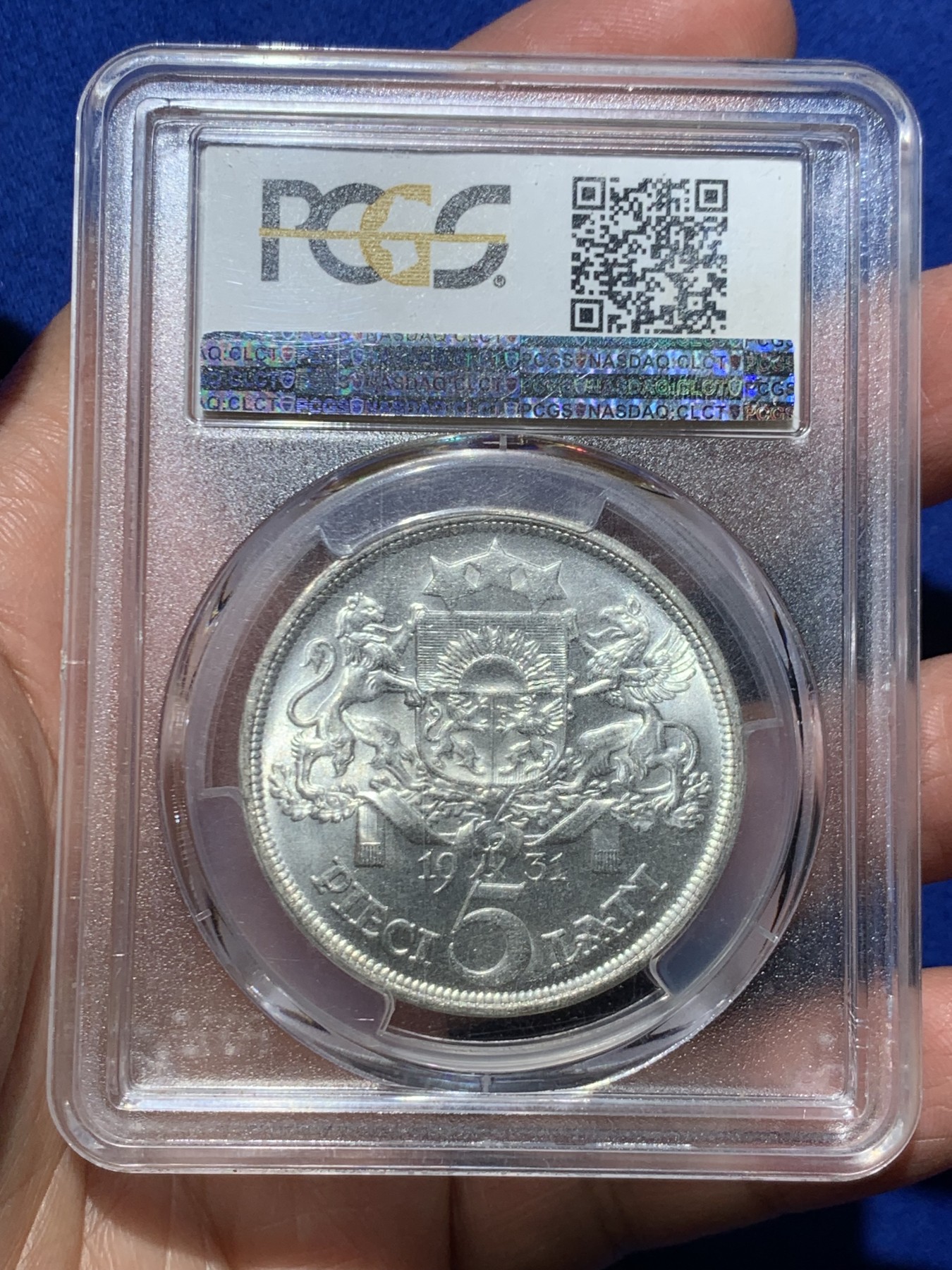 《竞宝斋》第245场-周日，周一 ，周二3场连拍 (全场包邮) PCGS MS64 拉脱维亚 1931年 谷物女神 5拉特大银币 上64分的极少 车轮光