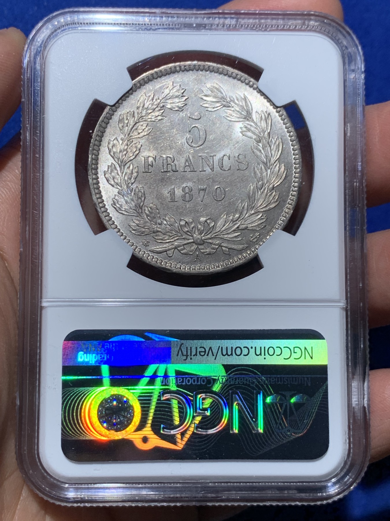 《竞宝斋》第245场-周日，周一 ，周二3场连拍 (全场包邮) NGC AU58 1870年法国谷物女神无箴言版5法郎 铸造量仅64000枚，是法系5法郎里比较难的一个品种了，MS价格起飞，58性价比较高