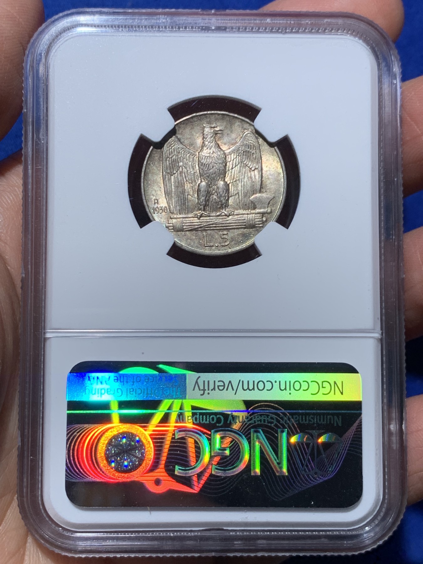 《竞宝斋》第245场-周日，周一 ，周二3场连拍 (全场包邮) NGC MS64 意大利1930年5里拉银币 这品种常见62、63分，64以上就少很多了。