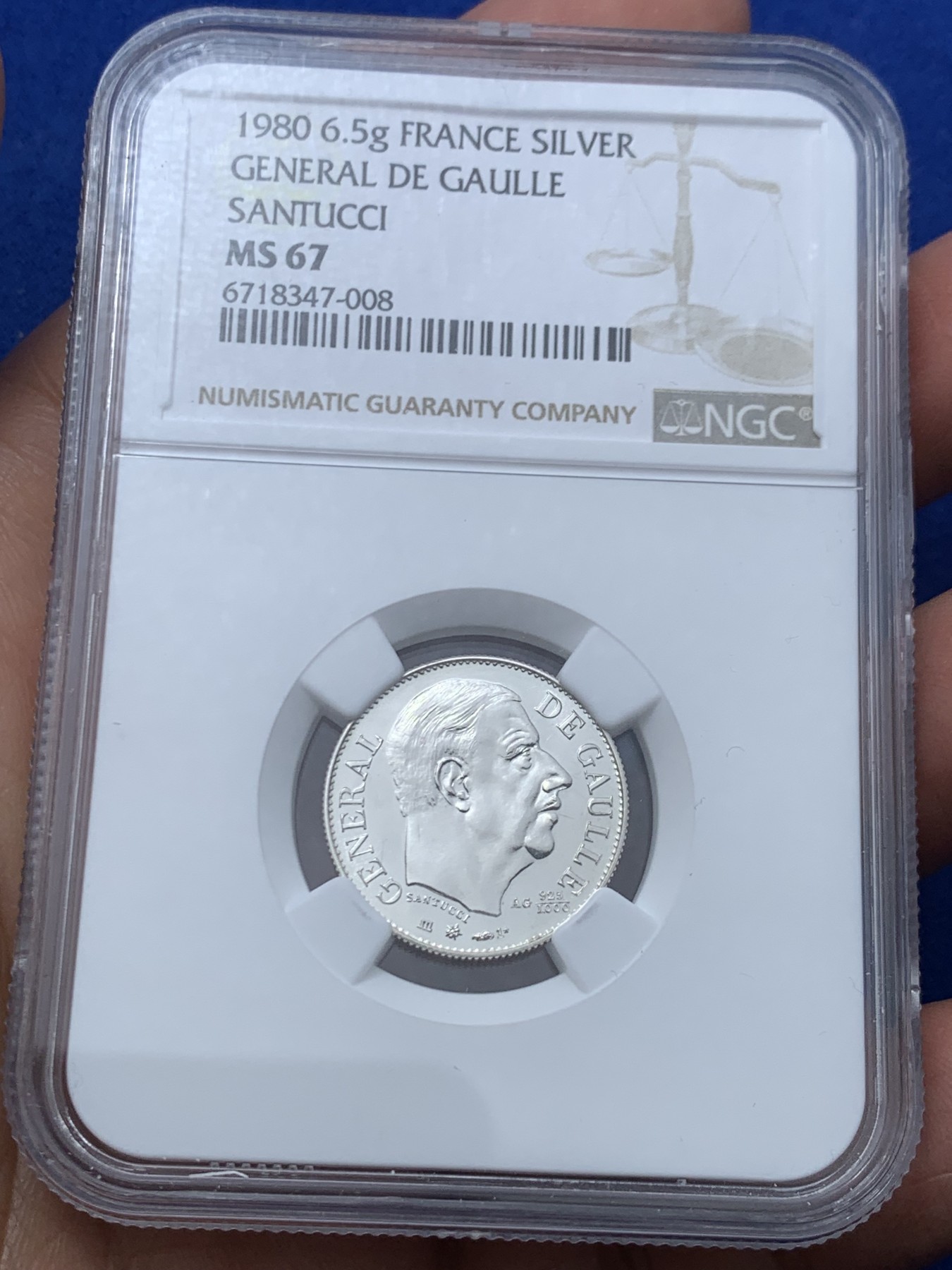 《竞宝斋》第245场-周日，周一 ，周二3场连拍 (全场包邮) NGC MS67 法国1980年戴高乐总统纪念银章