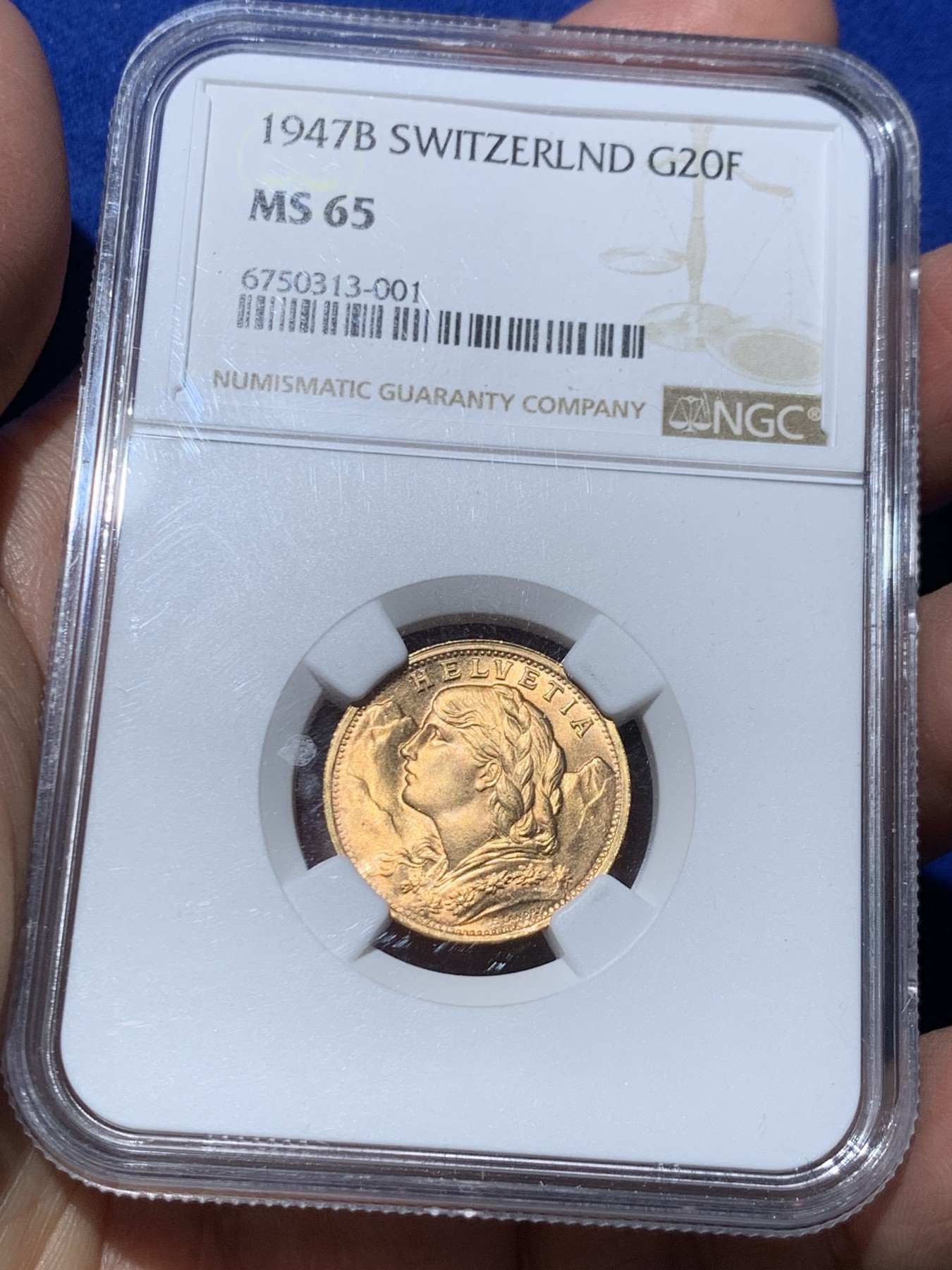 《竞宝斋》第245场-周日，周一 ，周二3场连拍 (全场包邮) NGC-MS65 瑞士1947年女神20法郎金币 6.45克 不大多见的头像 含金量90% 高分好品