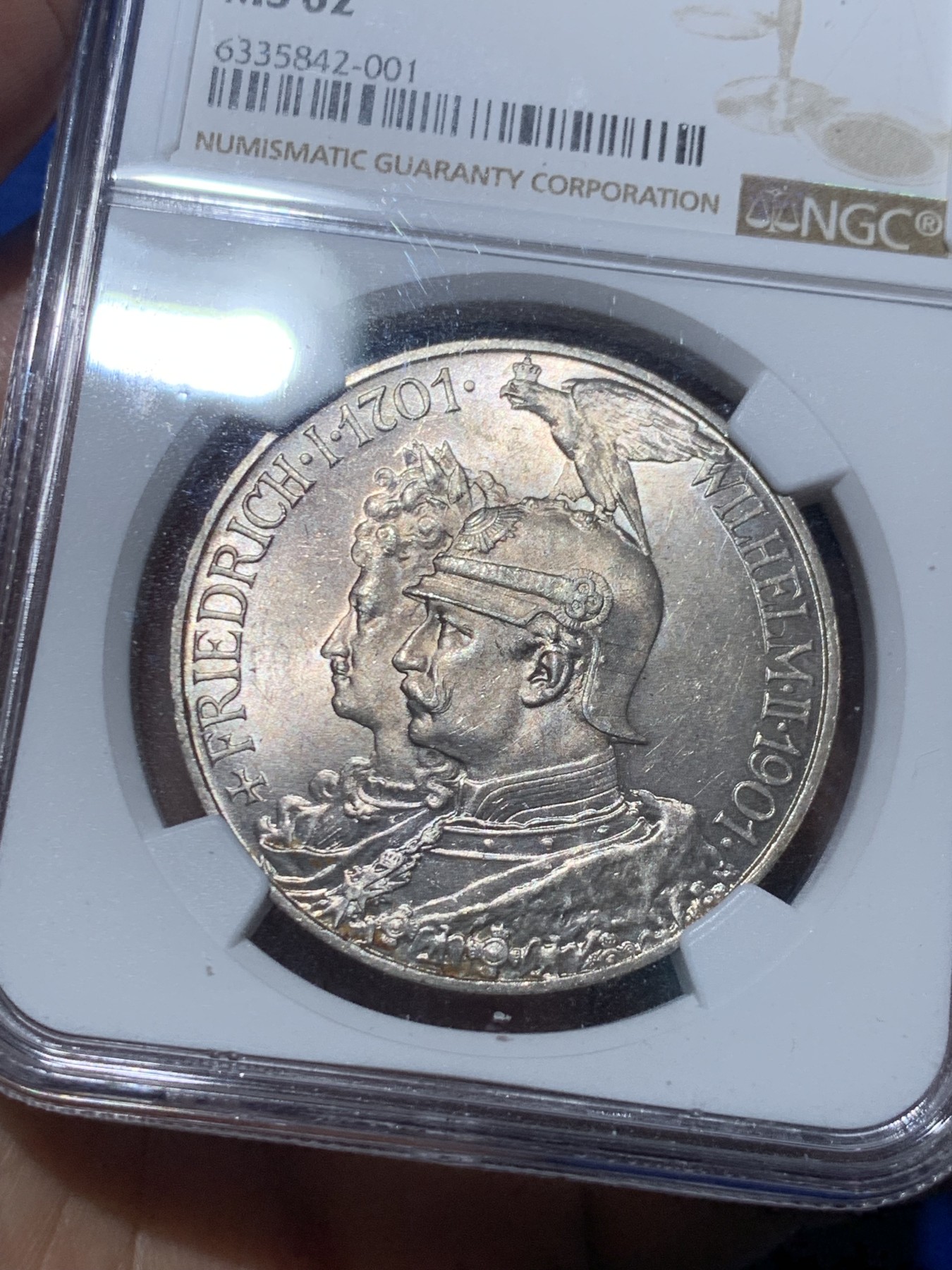 《竞宝斋》第245场-周日，周一 ，周二3场连拍 (全场包邮) NGC-MS62 德国普鲁士 1901年 5马克 建国200周年 银币