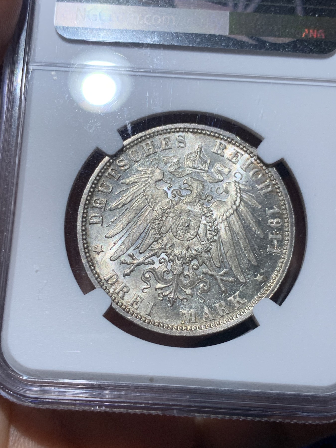 《竞宝斋》第245场-周日，周一 ，周二3场连拍 (全场包邮) NGC MS63 德国1911巴伐利亚3马克银币