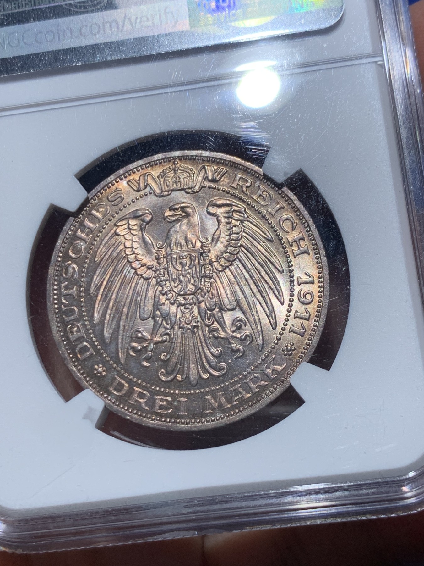 《竞宝斋》第245场-周日，周一 ，周二3场连拍 (全场包邮) NGC-MS64 德国普鲁士 1911年 3马克 布雷斯劳大学纪念 银币