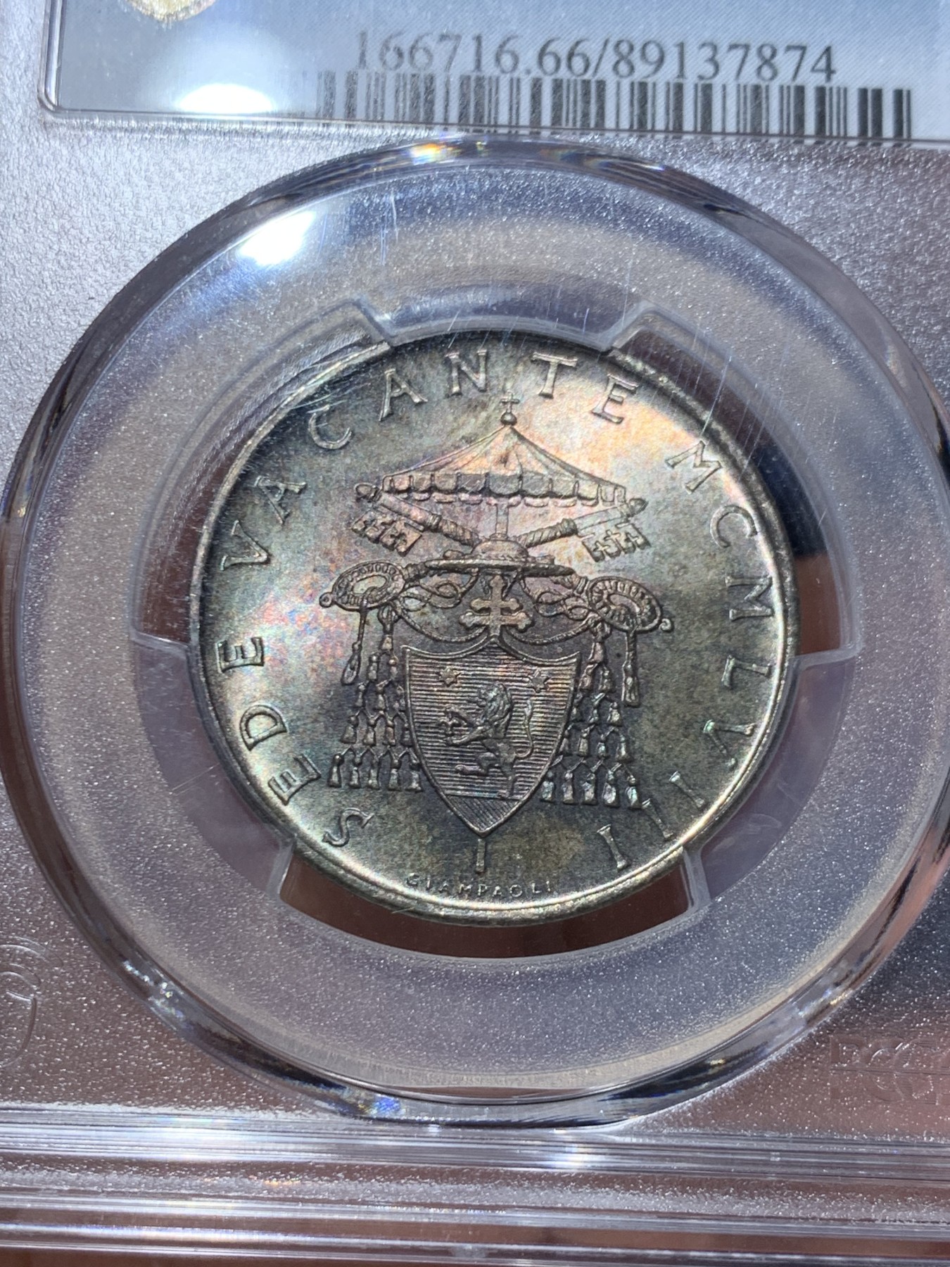 《竞宝斋》第245场-周日，周一 ，周二3场连拍 (全场包邮) PCGS MS66 梵蒂冈 1958年缺位500里拉银币 顶级转光炫彩