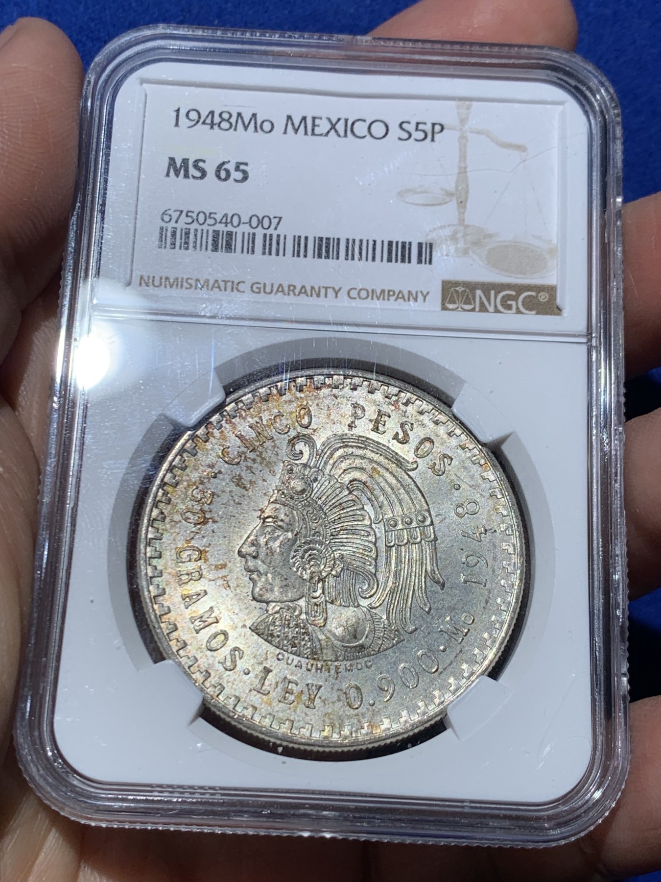 《竞宝斋》第245场-周日，周一 ，周二3场连拍 (全场包邮) NGC-MS65 墨西哥1948年玛雅酋长5比索鹰洋大银币，原汁原味黄油彩老包浆，打制精美，顶级高分。