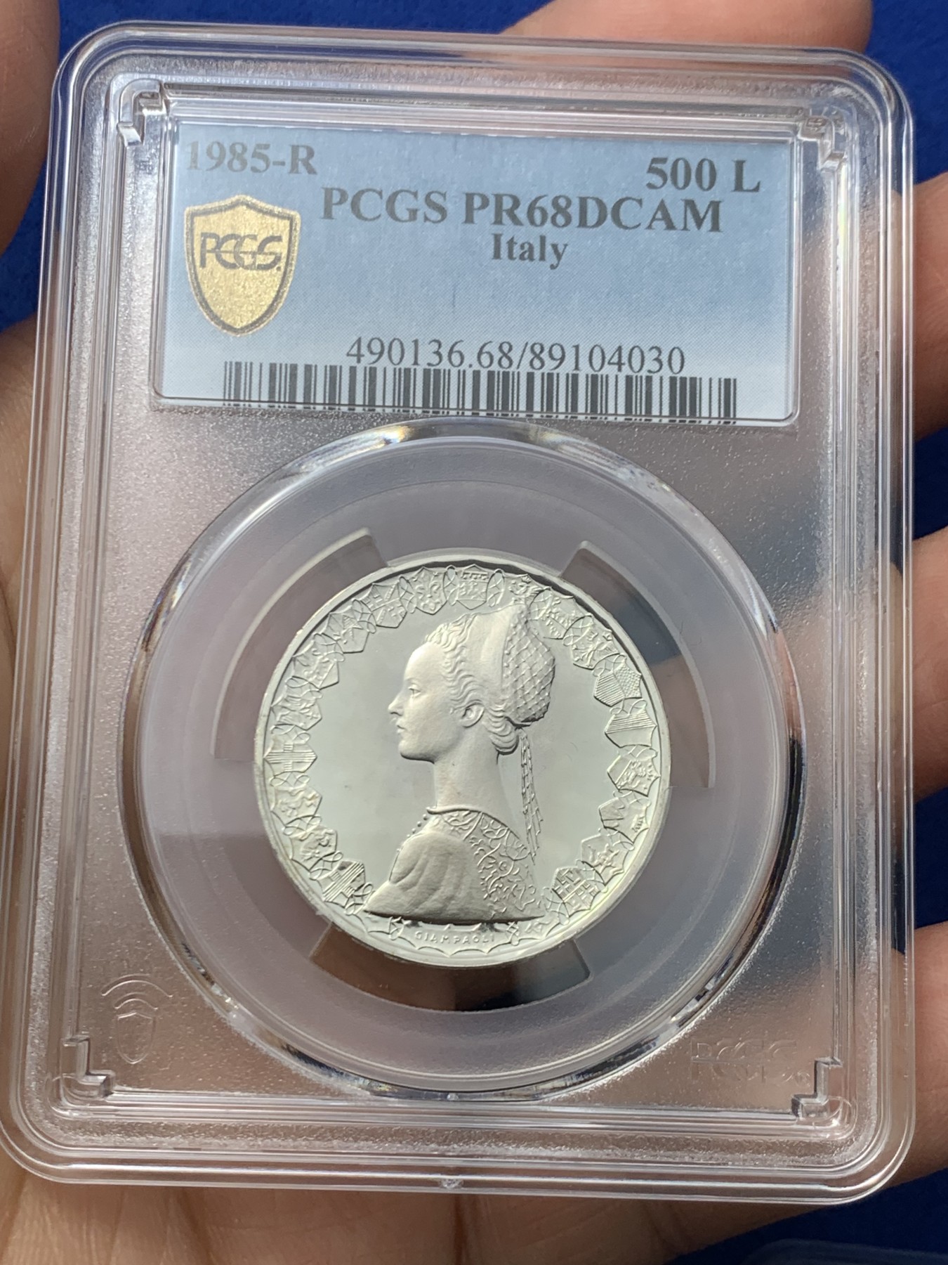 《竞宝斋》第245场-周日，周一 ，周二3场连拍 (全场包邮) 亚军分 PCGS-PR68DCAM 意大利 1985年 精制 帆船少女 500里拉 银币 首年发行 镜面感十足