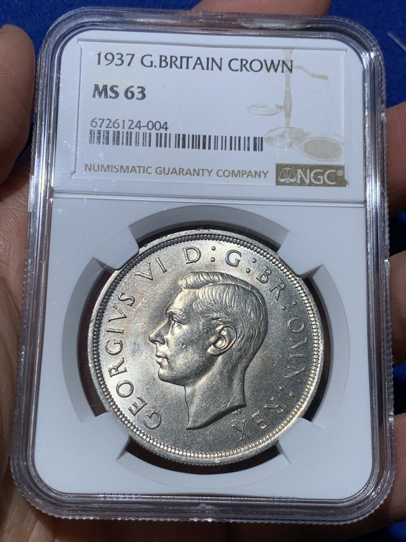 《竞宝斋》第245场-周日，周一 ，周二3场连拍 (全场包邮) NGC-MS63 英国1937年乔治六世登基1克朗纪念银币，车轮转光。