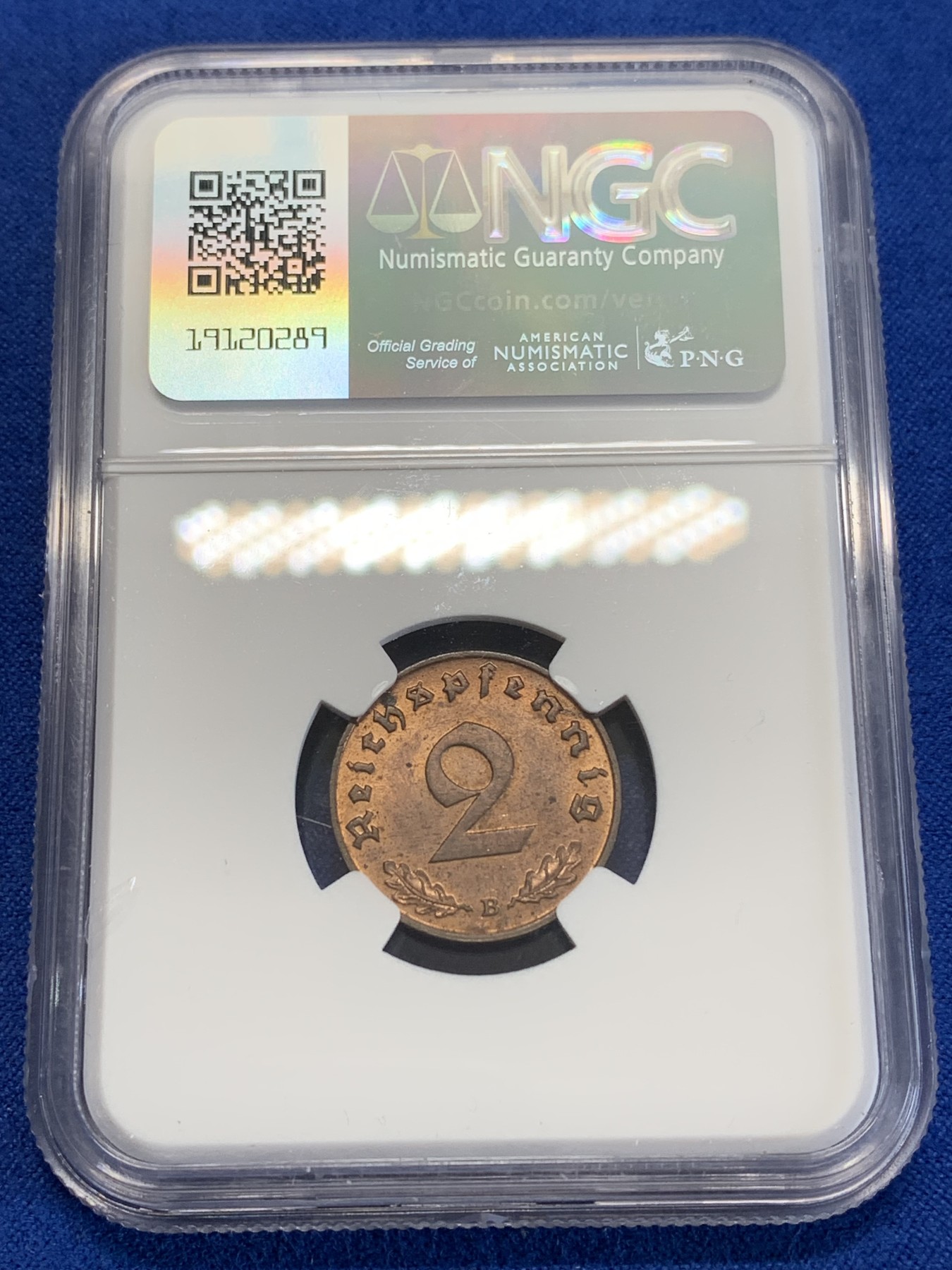 《竞宝斋》第245场-周日，周一 ，周二3场连拍 (全场包邮) NGC MS63RB 1939B德国2芬尼 状态不错