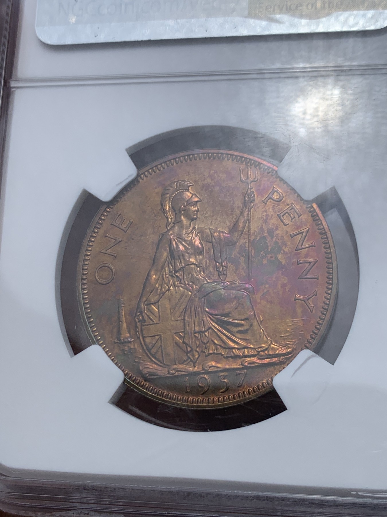 《竞宝斋》第245场-周日，周一 ，周二3场连拍 (全场包邮) NGC-PF63RB 英国 1937年 1便士 乔治六世头像 铜币