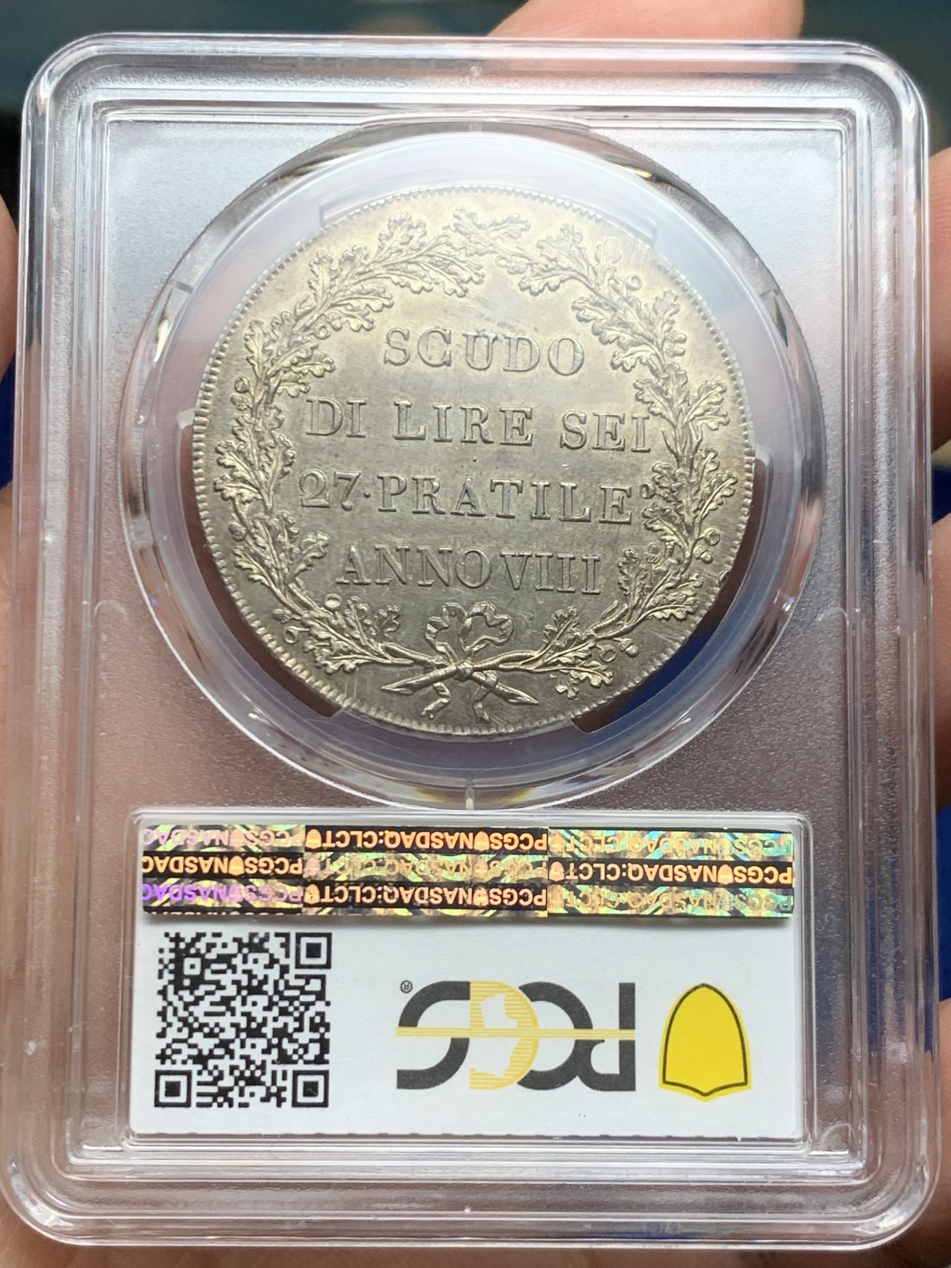 《竞宝斋》第245场-周日，周一 ，周二3场连拍 (全场包邮) PCGS-MS62 意大利山南共和国1800年Scudo大银币 阿尔卑斯南麓日出包浆