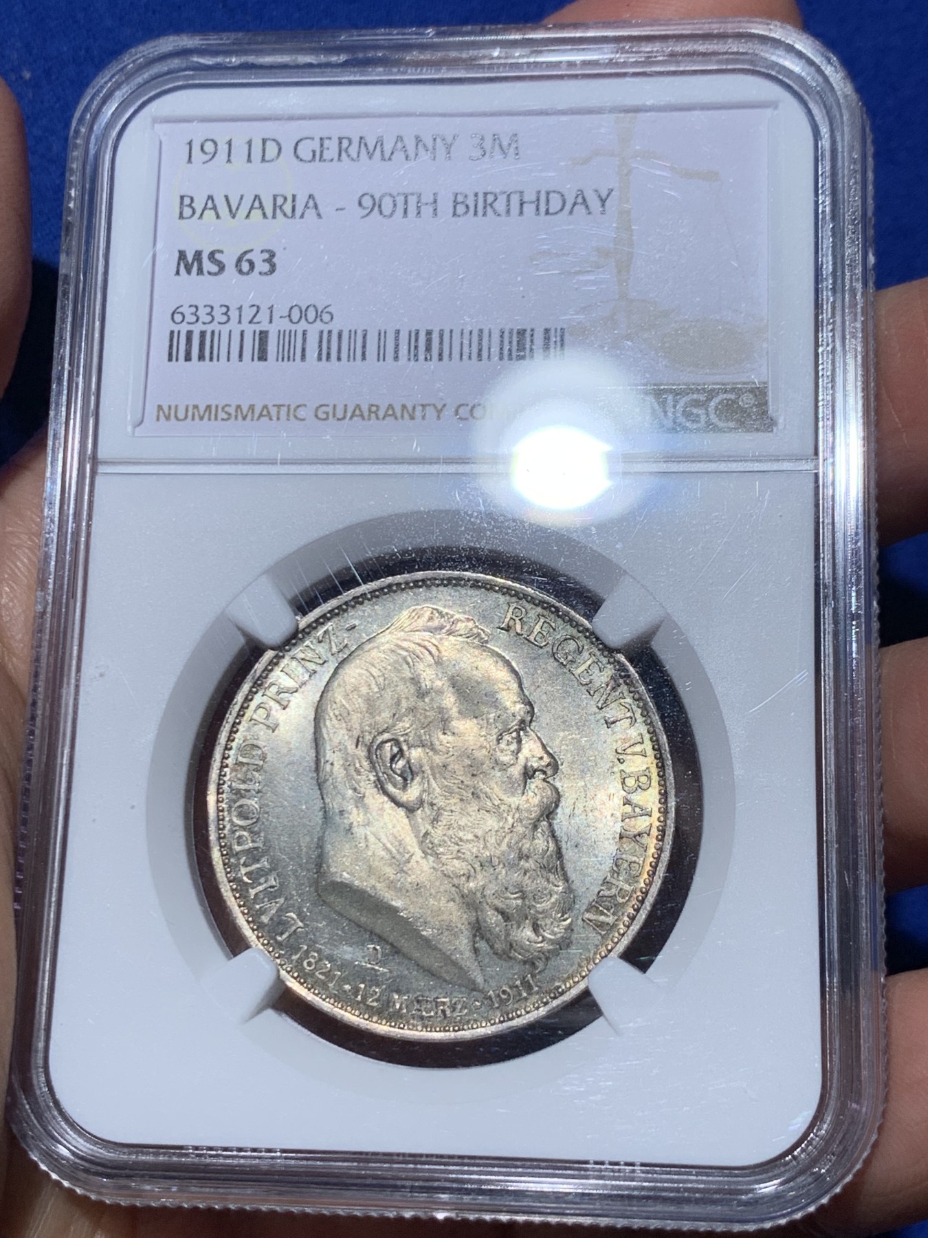 《竞宝斋》第245场-周日，周一 ，周二3场连拍 (全场包邮) NGC MS63 德国1911巴伐利亚3马克银币