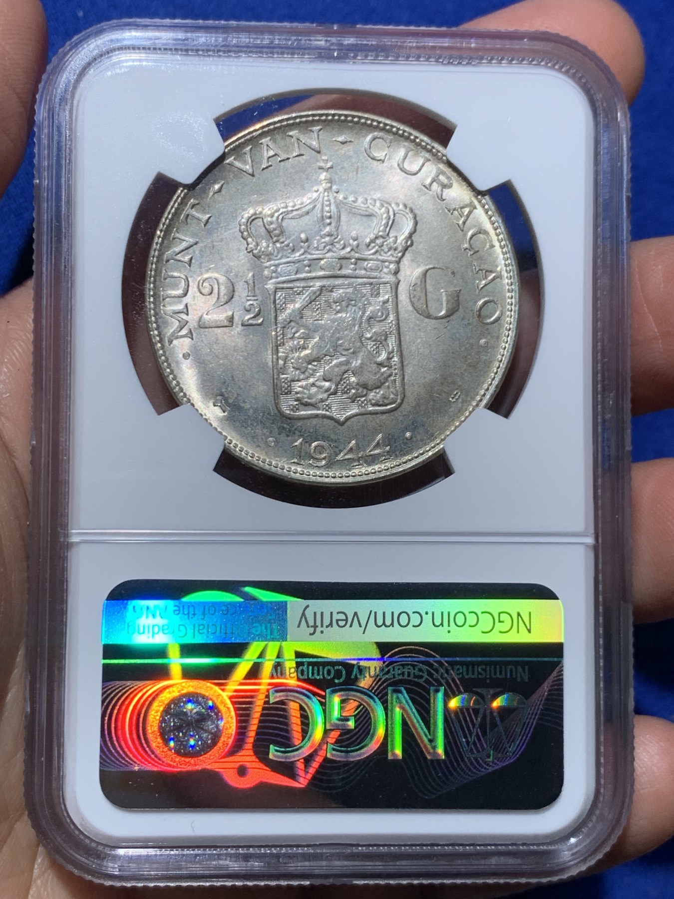 《竞宝斋》第245场-周日，周一 ，周二3场连拍 (全场包邮) NGC MS63 荷属库拉索1944D威廉明娜2.5盾大银币