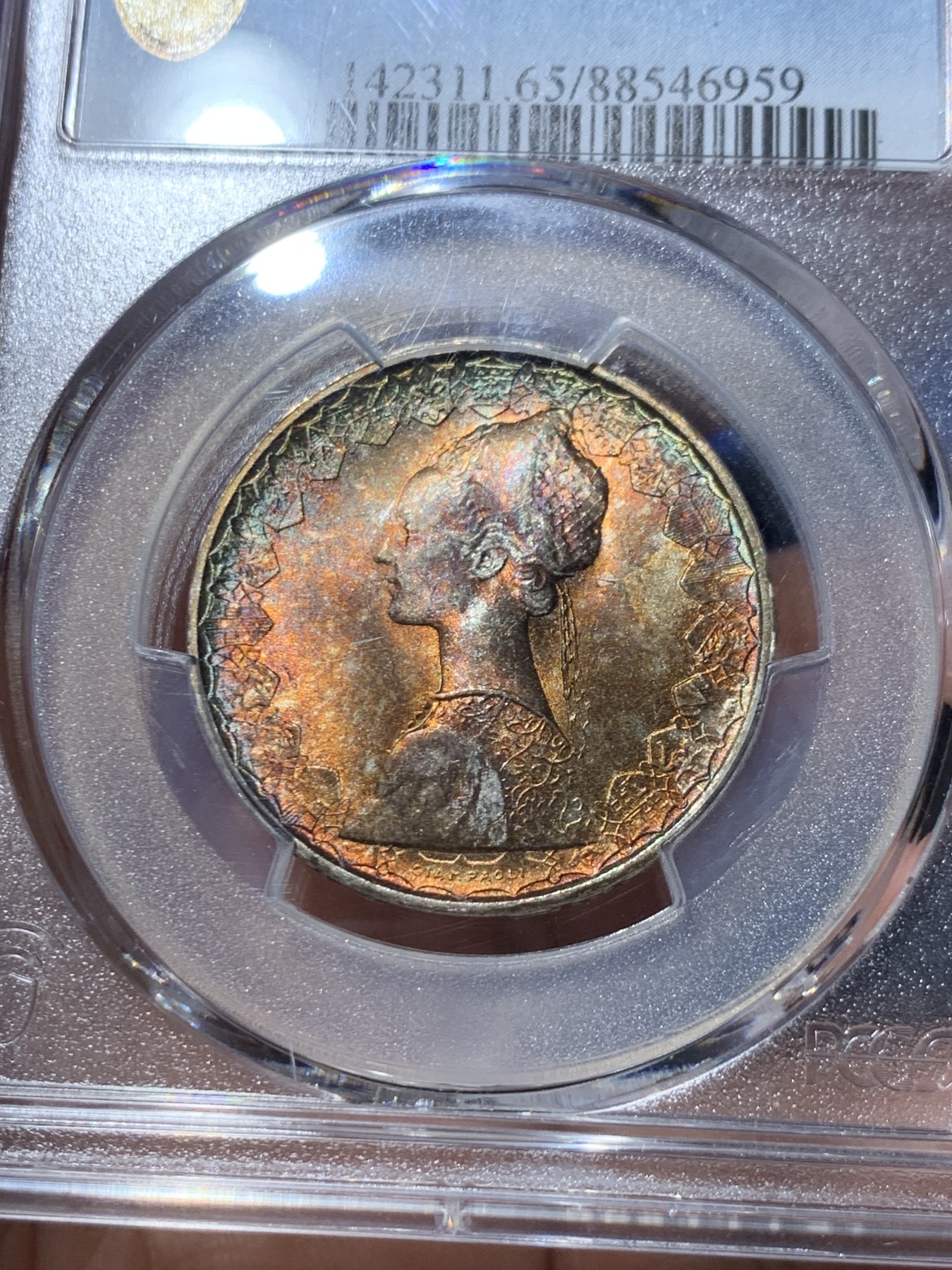 《竞宝斋》第245场-周日，周一 ，周二3场连拍 (全场包邮) PCGS MS65 意大利1966年帆船少女500里拉银币 浓厚色彩 可以换N博一搏星