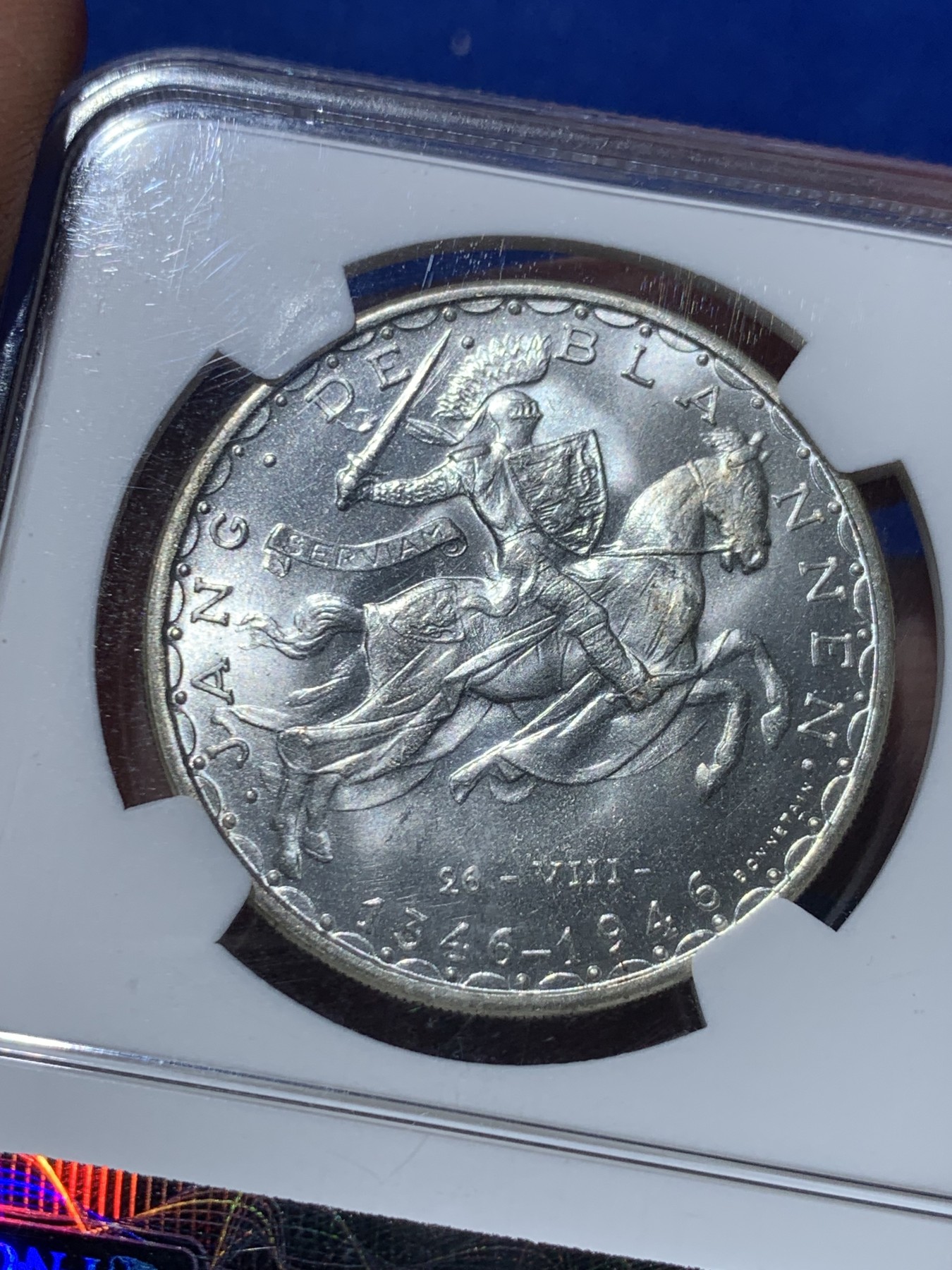 《竞宝斋》第245场-周日，周一 ，周二3场连拍 (全场包邮) NGC MS65 1946年卢森堡盲人约翰国王100法郎马剑银币 顶级原光 老盒严评