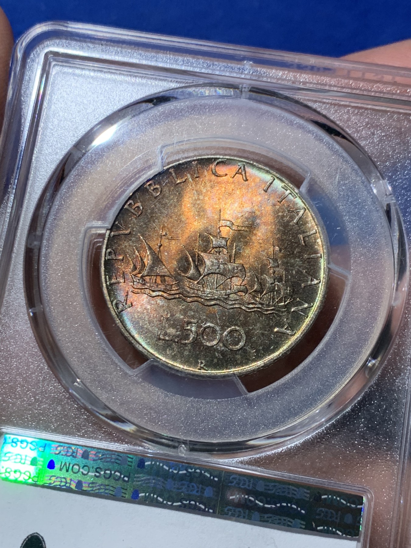 《竞宝斋》第245场-周日，周一 ，周二3场连拍 (全场包邮) PCGS MS65 意大利1966年帆船少女500里拉银币 浓厚色彩 可以换N博一搏星