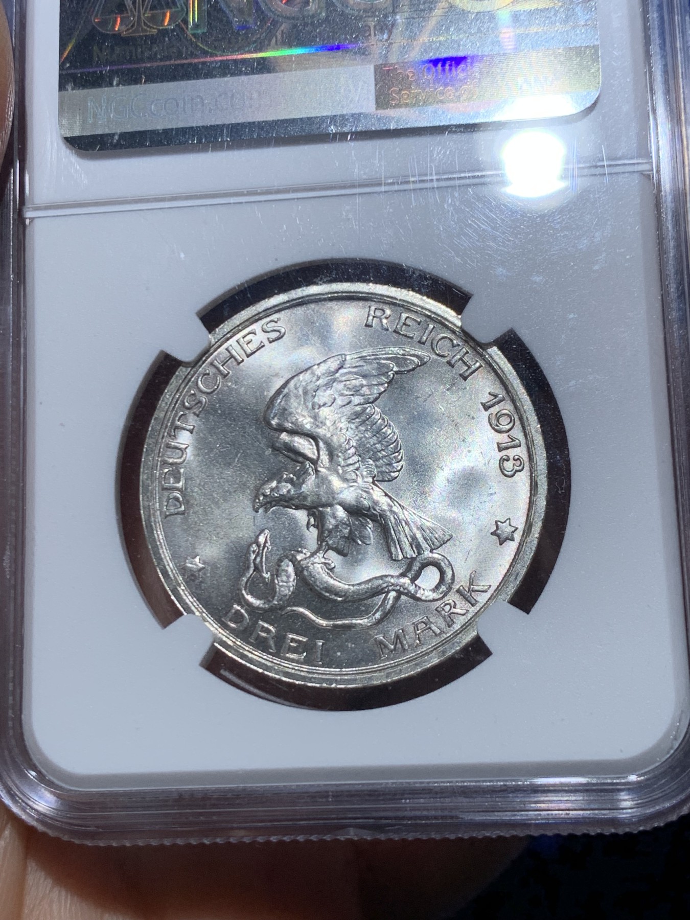 《竞宝斋》第245场-周日，周一 ，周二3场连拍 (全场包邮) NGC-MS64 德国普鲁士 1913年 3马克 普鲁士战胜拿破仑纪念 银币