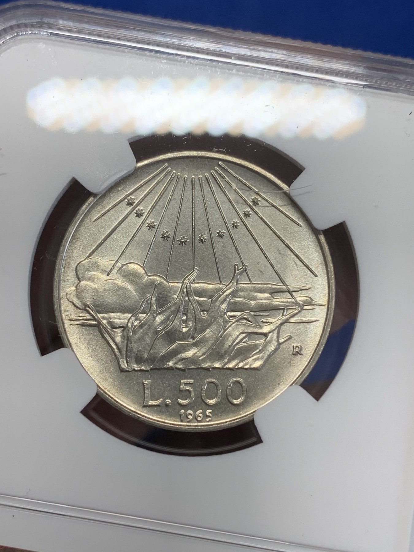 《竞宝斋》第245场-周日，周一 ，周二3场连拍 (全场包邮) NGC MS65 意大利1965年但丁500里拉银币 少见品