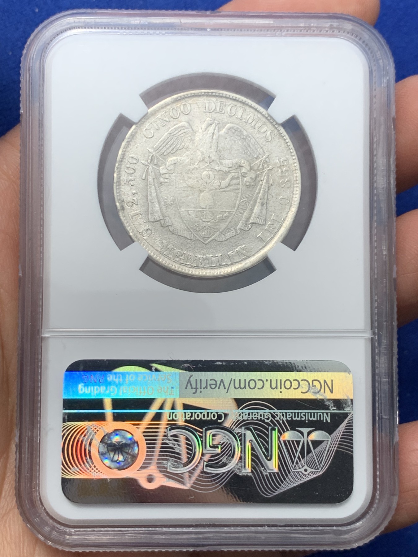 《竞宝斋》第245场-周日，周一 ，周二3场连拍 (全场包邮) NGC-MS62 唯一亚军分 1881年哥伦比亚女神5D银币，半圆型，麦德林造币厂，七星版。外拍价高的品种，高分非常稀少，62难得一见。