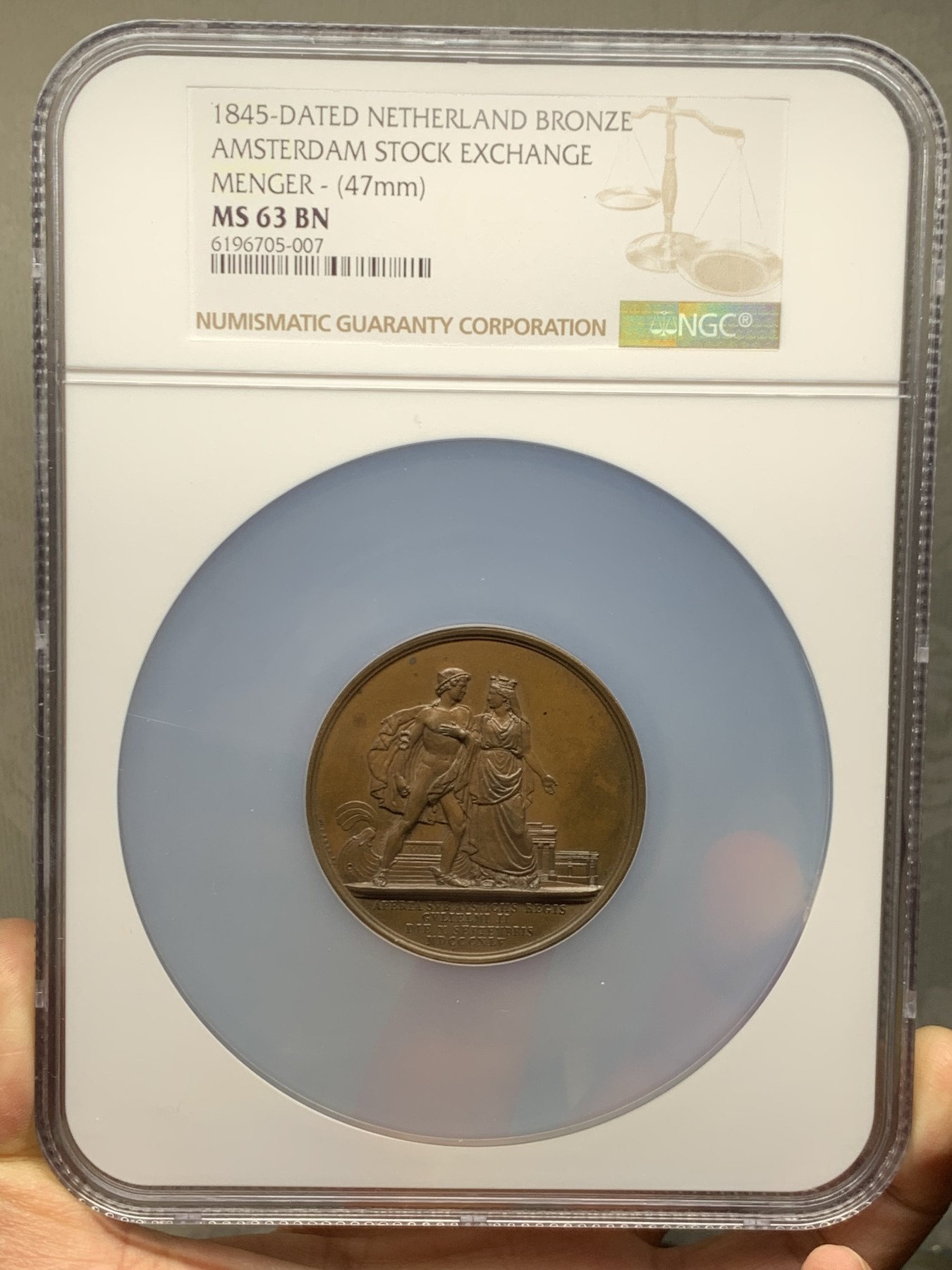 《竞宝斋》第245场-周日，周一 ，周二3场连拍 (全场包邮) NGC MS63BN 荷兰1845阿姆斯特丹证券交易所铜章 大盒封装 细节丰富 非常漂亮